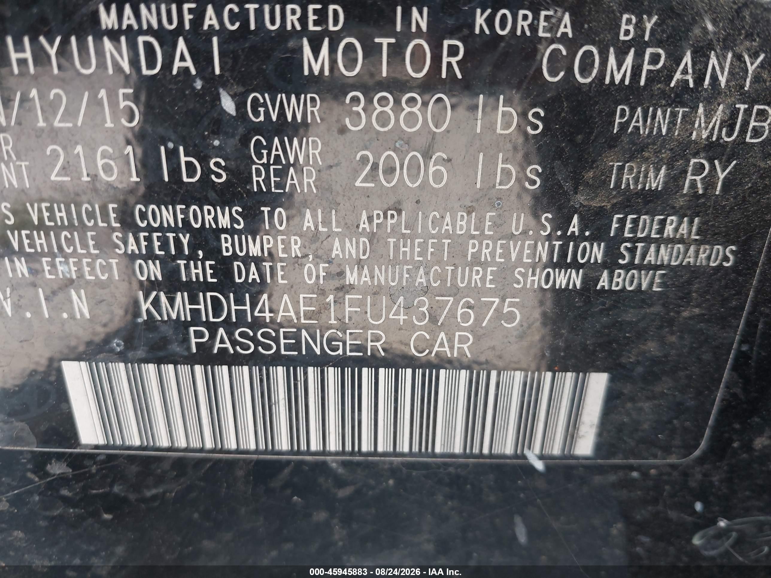 2015 Hyundai Elantra Se Черный vin: KMHDH4AE1FU437675