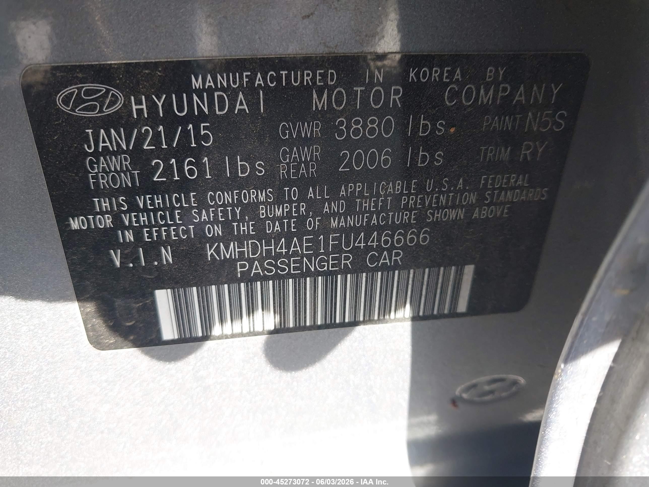 2015 Hyundai Elantra Se Silver vin: KMHDH4AE1FU446666