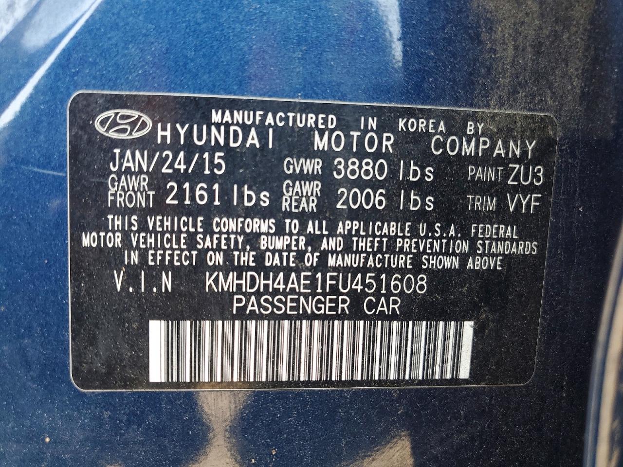 2015 Hyundai Elantra Se Blue vin: KMHDH4AE1FU451608