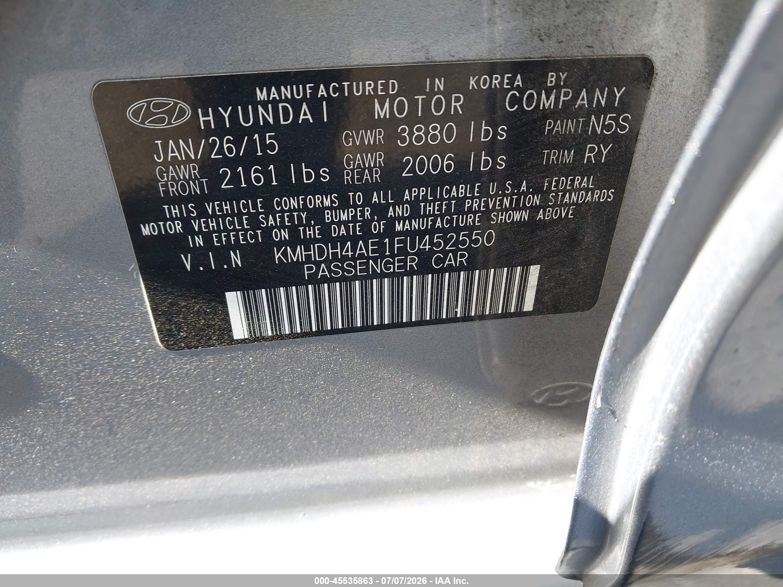 2015 Hyundai Elantra Limited Gray vin: KMHDH4AE1FU452550