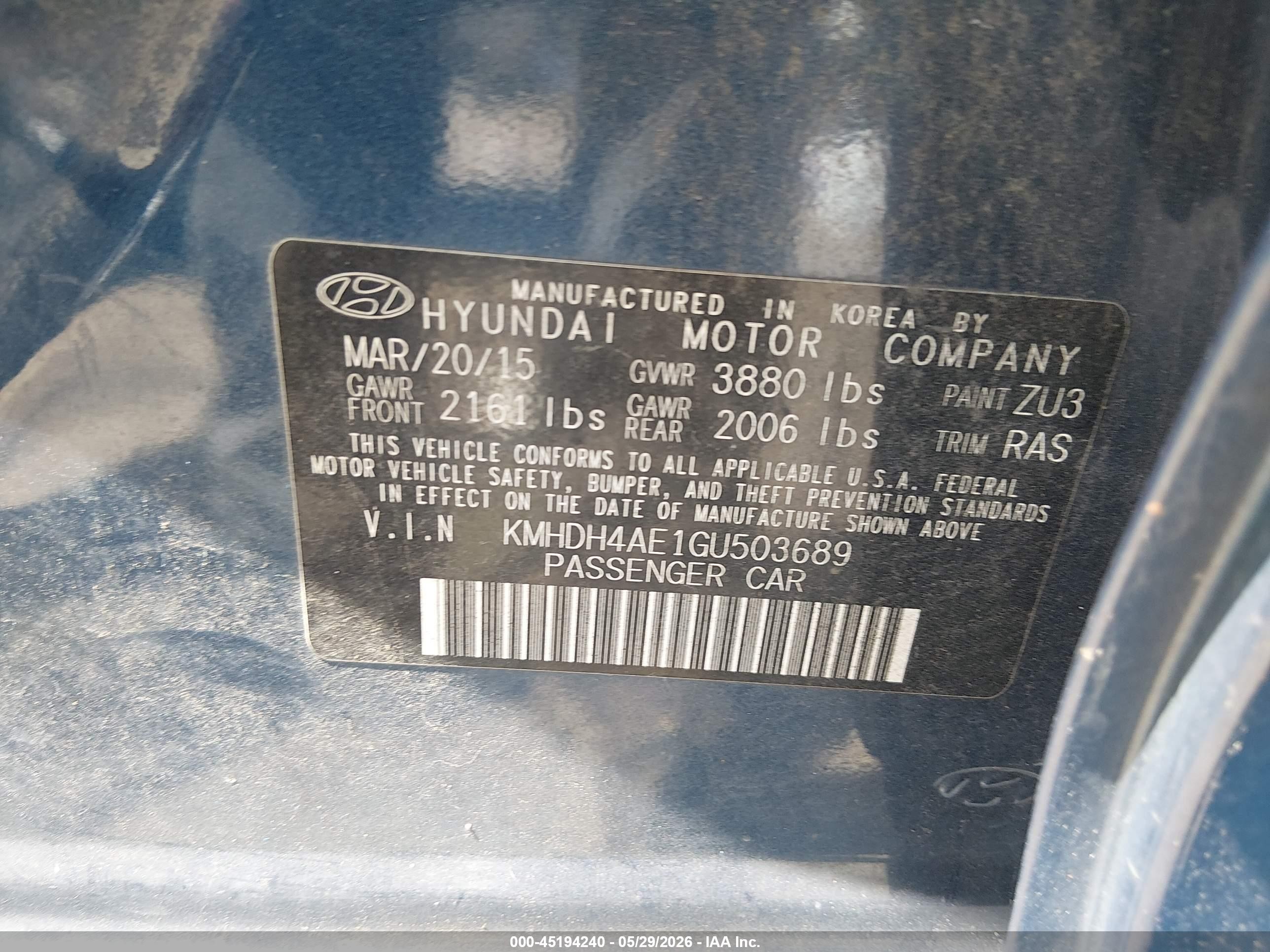 2016 Hyundai Elantra Se Blue vin: KMHDH4AE1GU503689