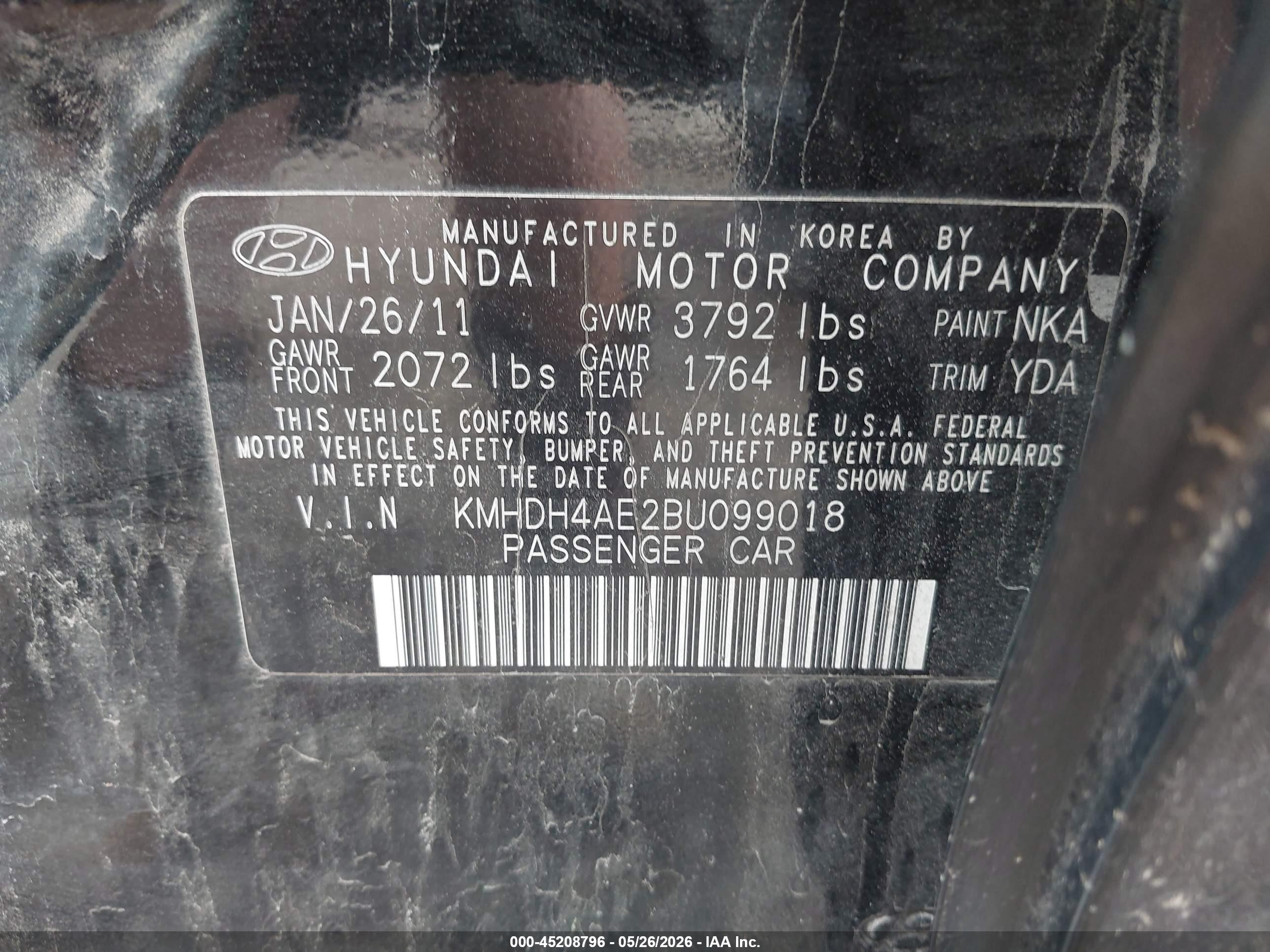 2011 Hyundai Elantra Limited (ulsan Plant) Black vin: KMHDH4AE2BU099018