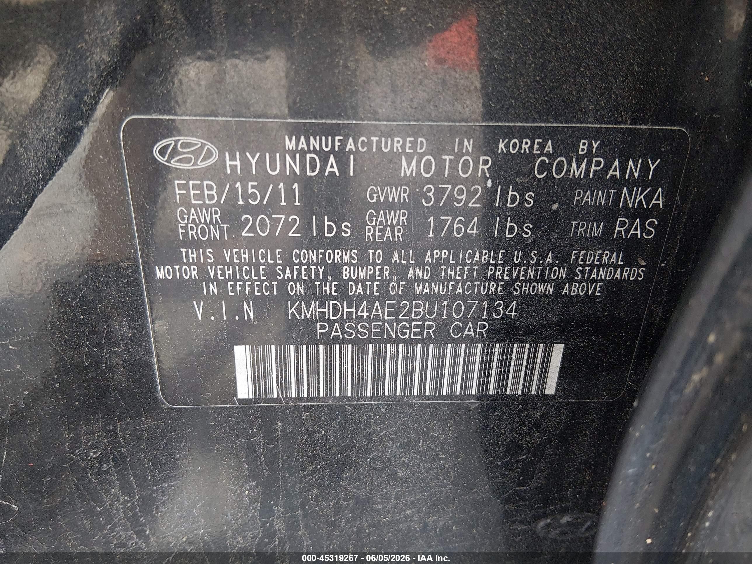 2011 Hyundai Elantra Gls (ulsan Plant) Black vin: KMHDH4AE2BU107134
