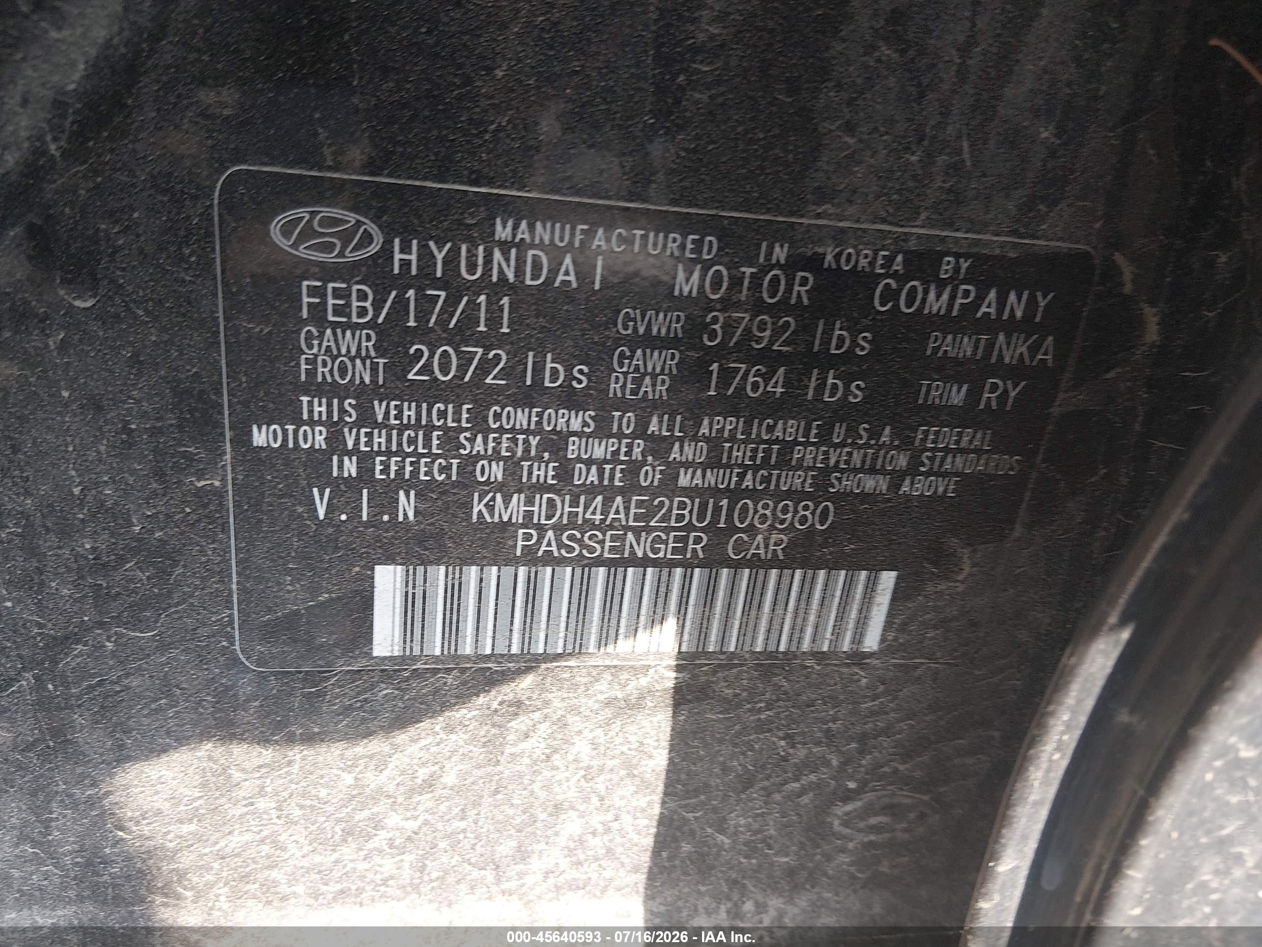 2011 Hyundai Elantra Limited (ulsan Plant) Black vin: KMHDH4AE2BU108980