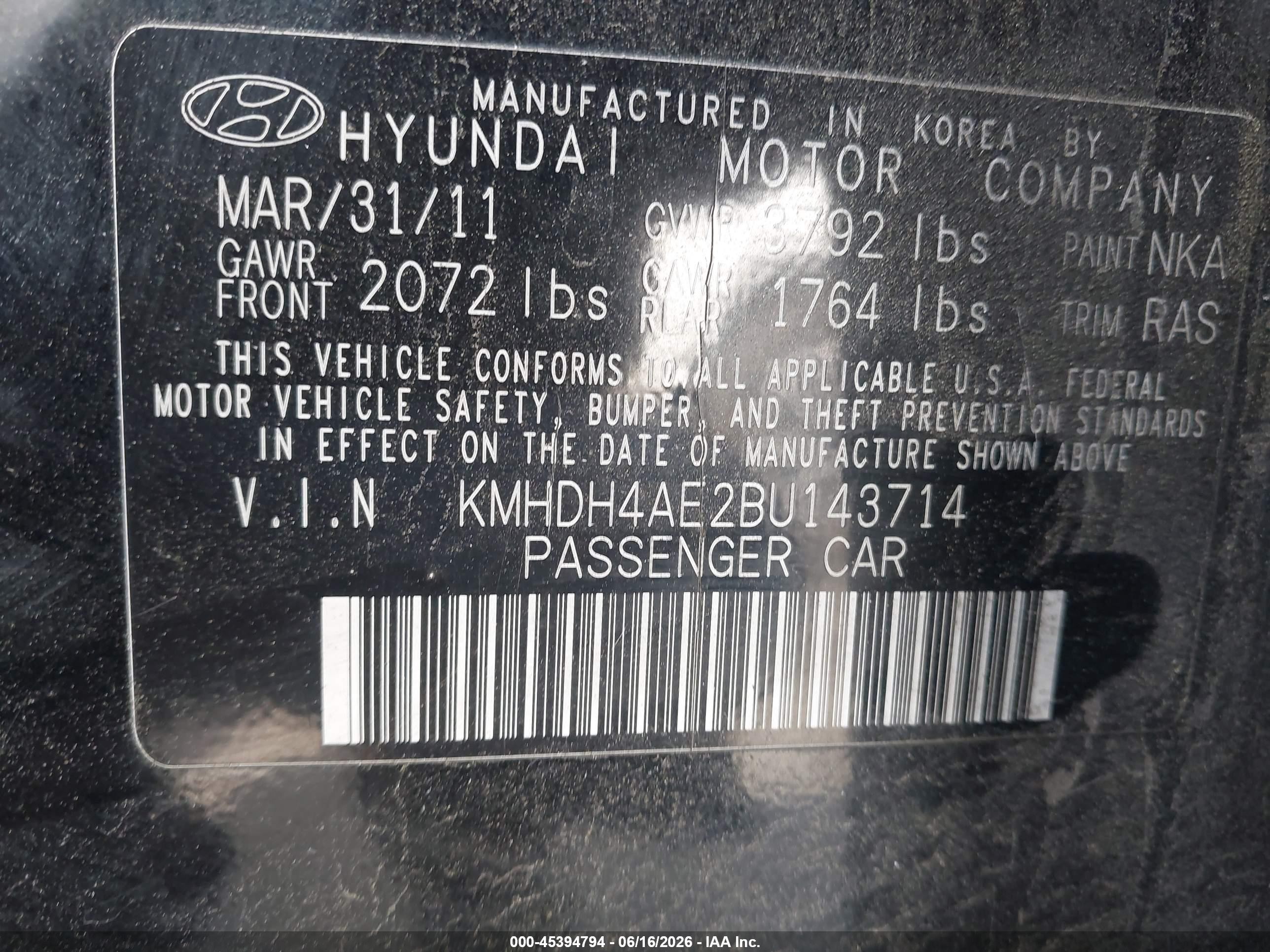 2011 Hyundai Elantra Gls (ulsan Plant) Черный vin: KMHDH4AE2BU143714