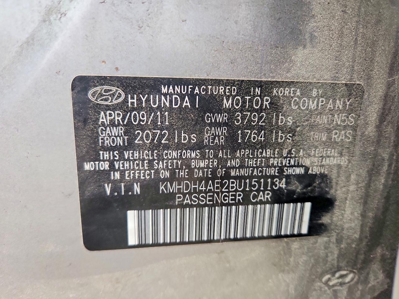 2011 Hyun Elantra Limited Gray vin: KMHDH4AE2BU151134