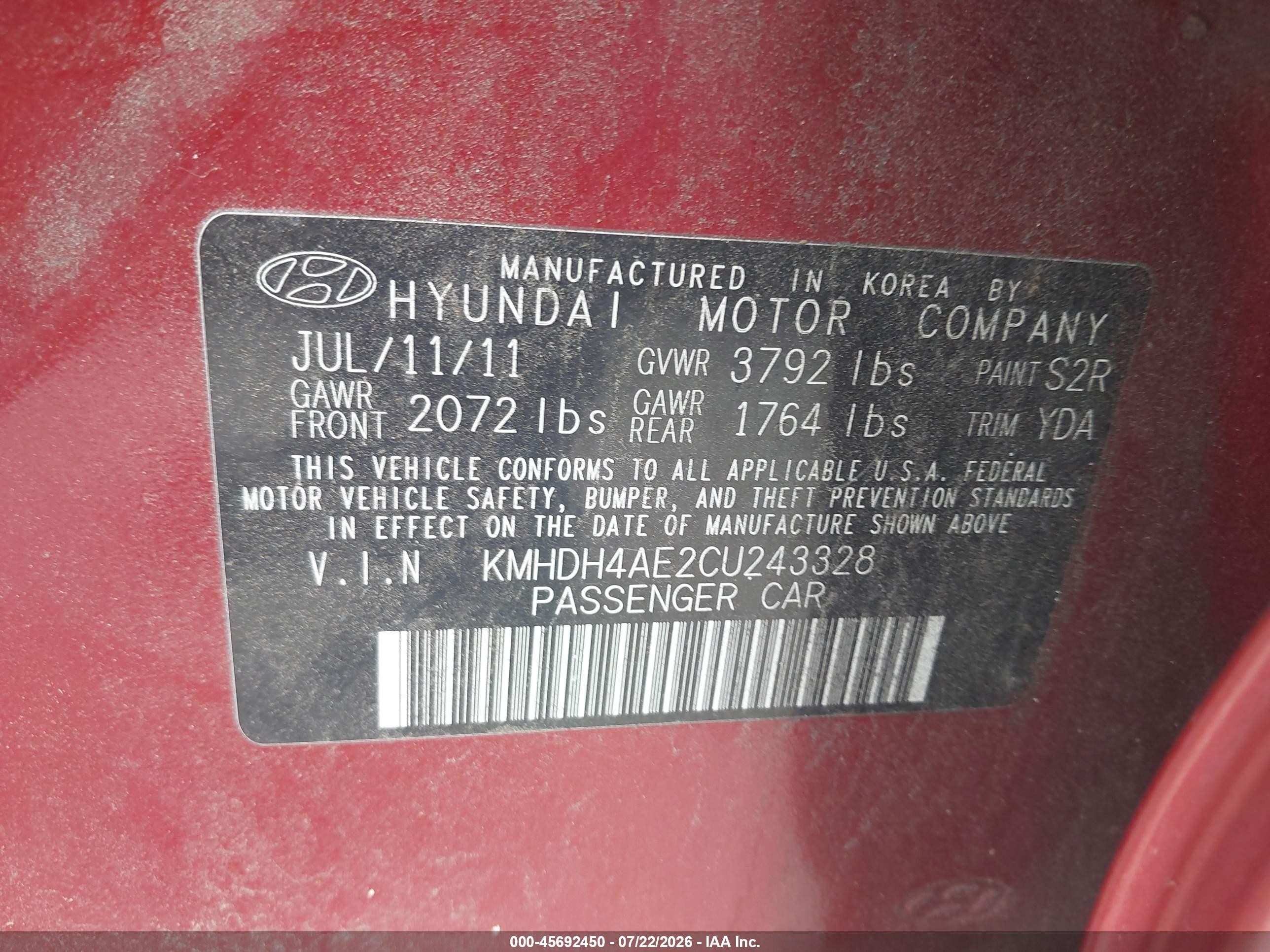 2012 Hyundai Elantra Limited (ulsan Plant) Красный vin: KMHDH4AE2CU243328