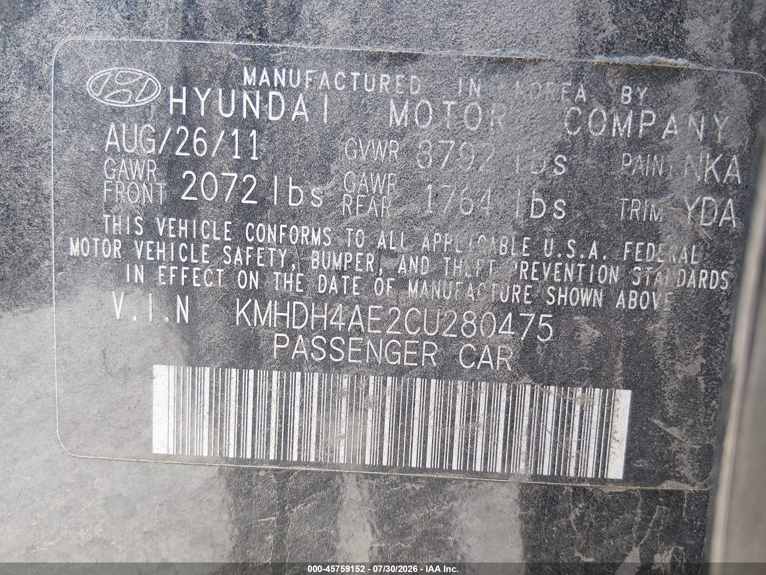 2012 Hyundai Elantra Gls (ulsan Plant) Black vin: KMHDH4AE2CU280475