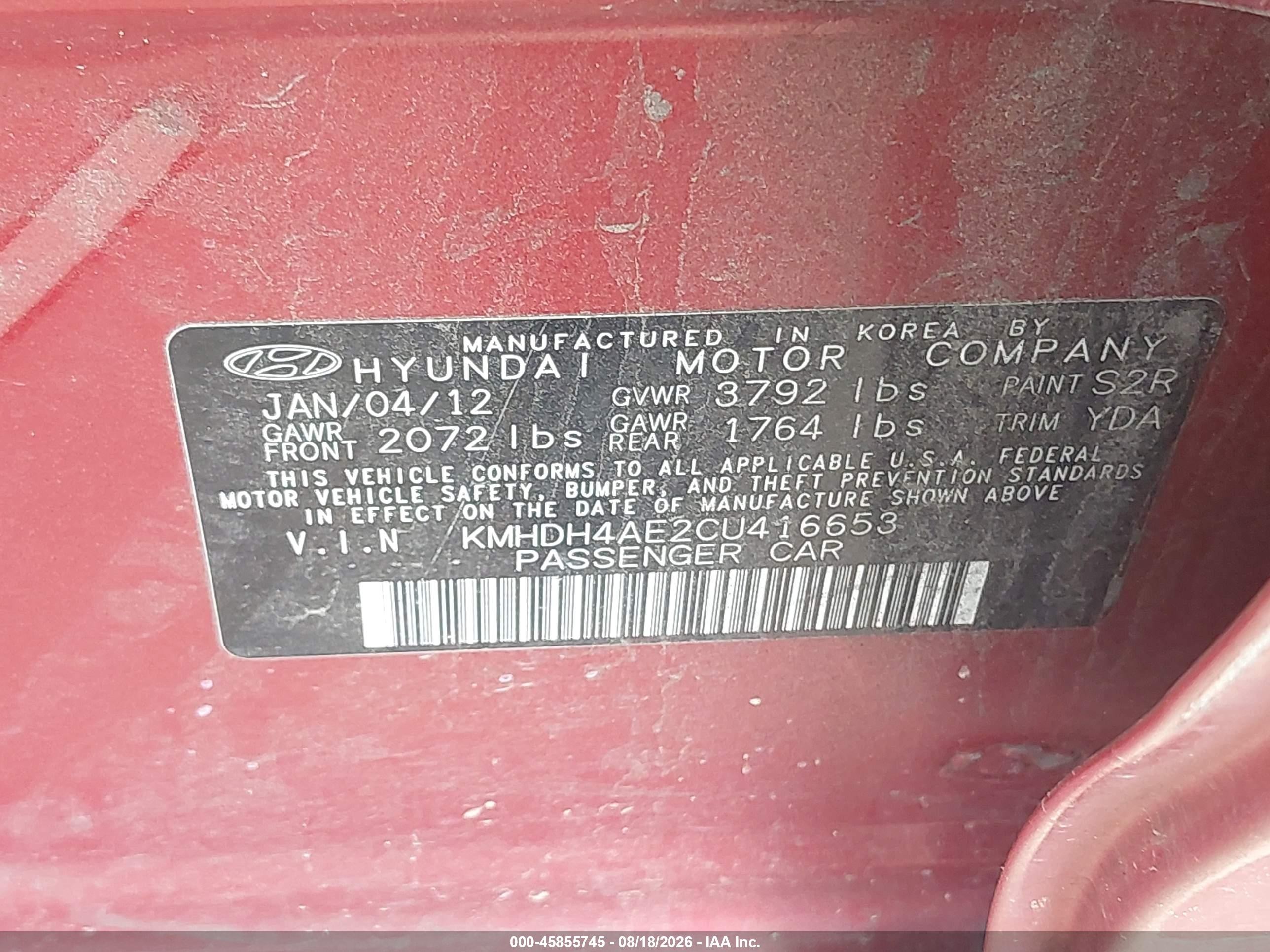 2012 Hyundai Elantra Gls (ulsan Plant) Red vin: KMHDH4AE2CU416653