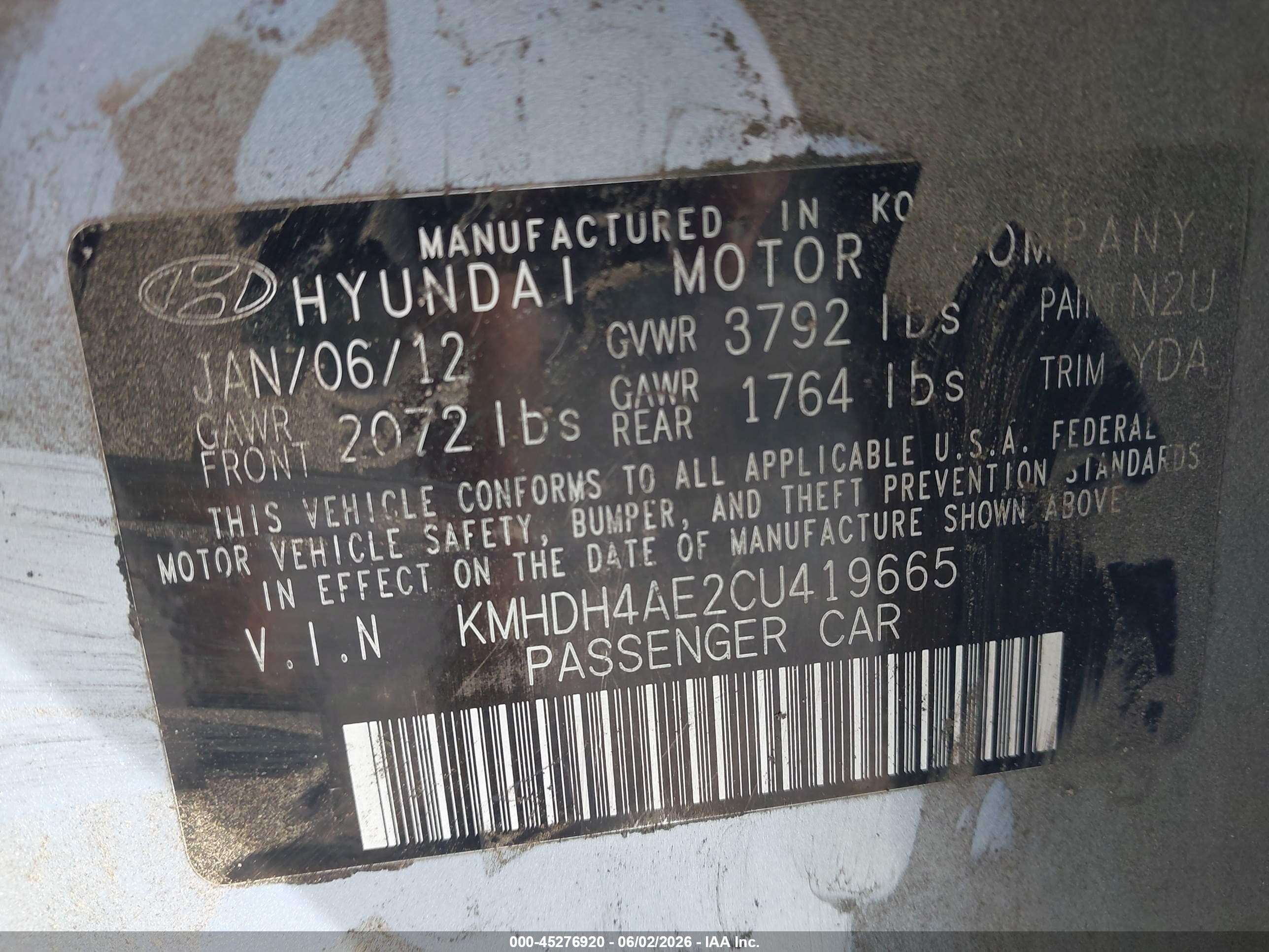 2012 Hyundai Elantra Gls (ulsan Plant) Light Blue vin: KMHDH4AE2CU419665