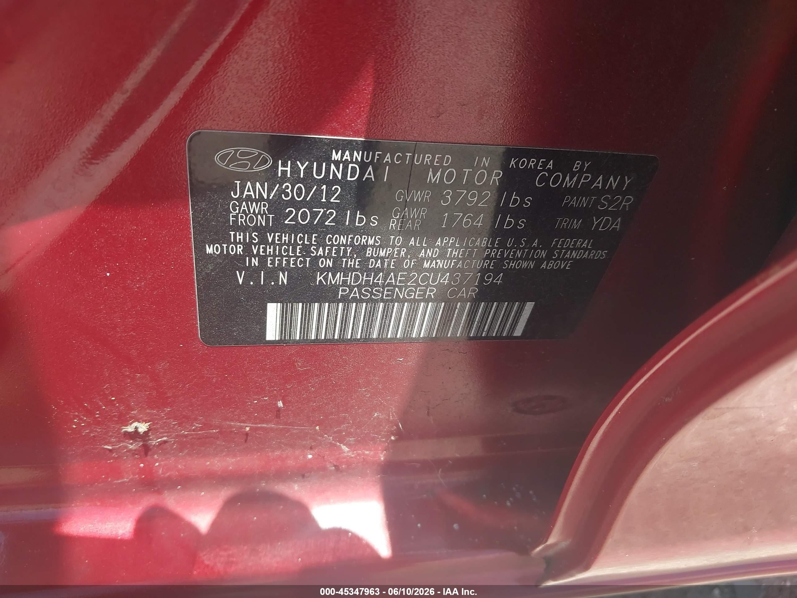 2012 Hyundai Elantra Gls (ulsan Plant) Red vin: KMHDH4AE2CU437194