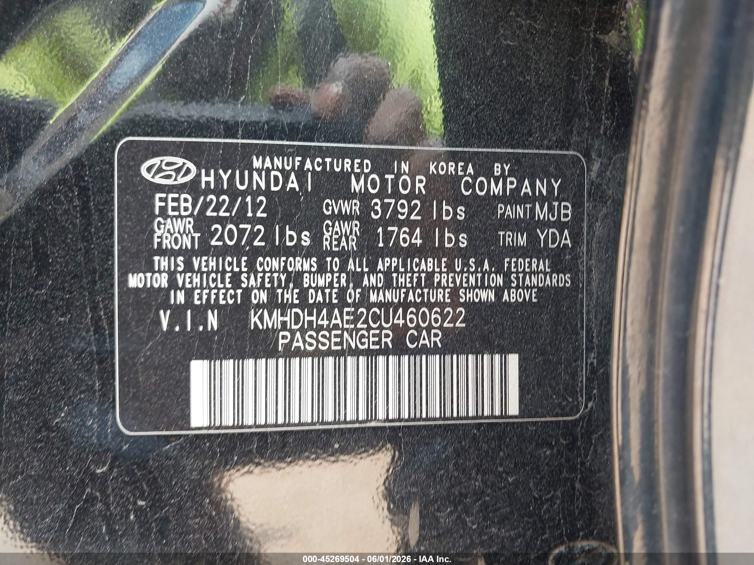 2012 Hyundai Elantra Gls (ulsan Plant) Black vin: KMHDH4AE2CU460622