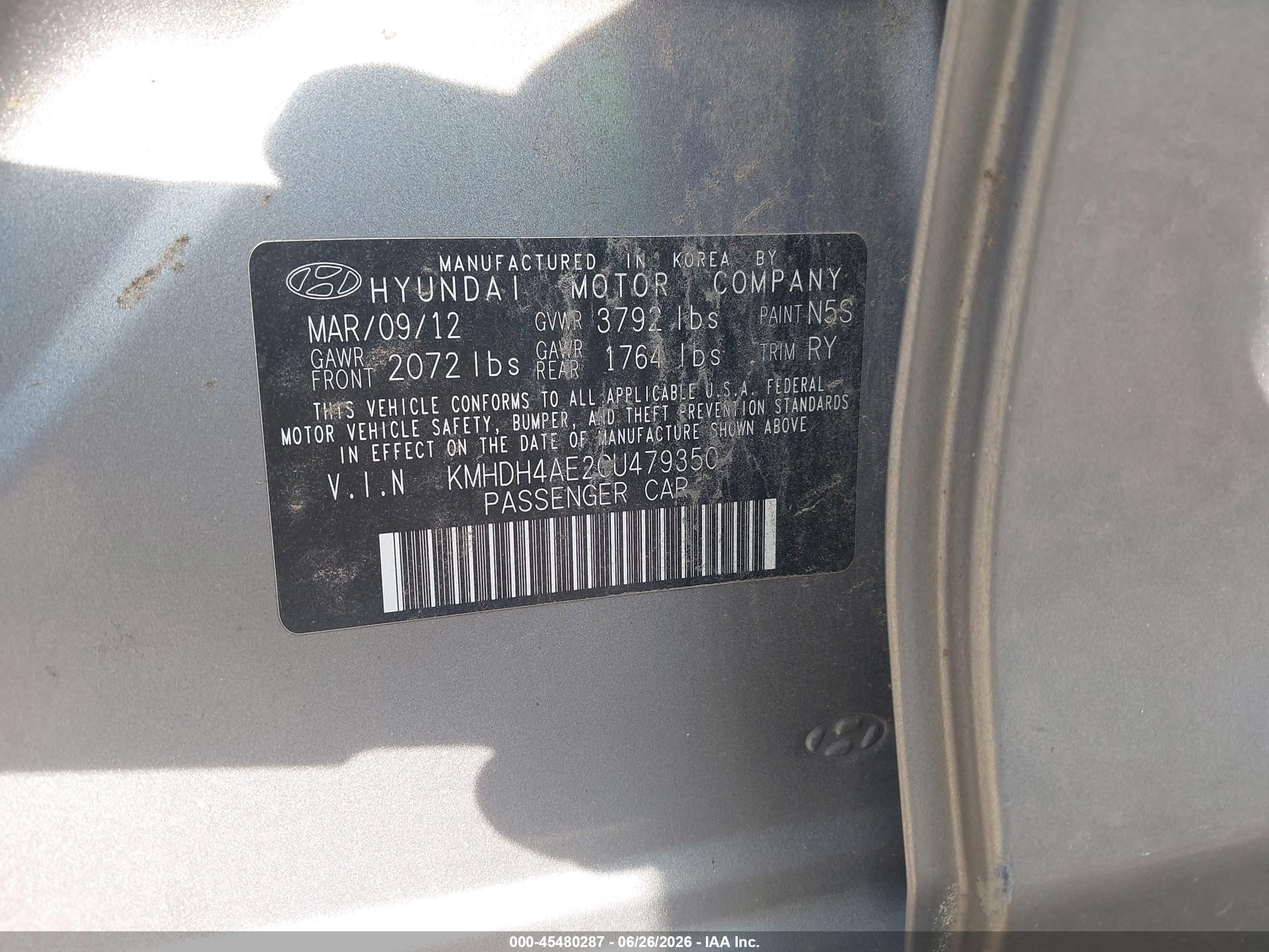 2012 Hyundai Elantra Limited (ulsan Plant) Gray vin: KMHDH4AE2CU479350