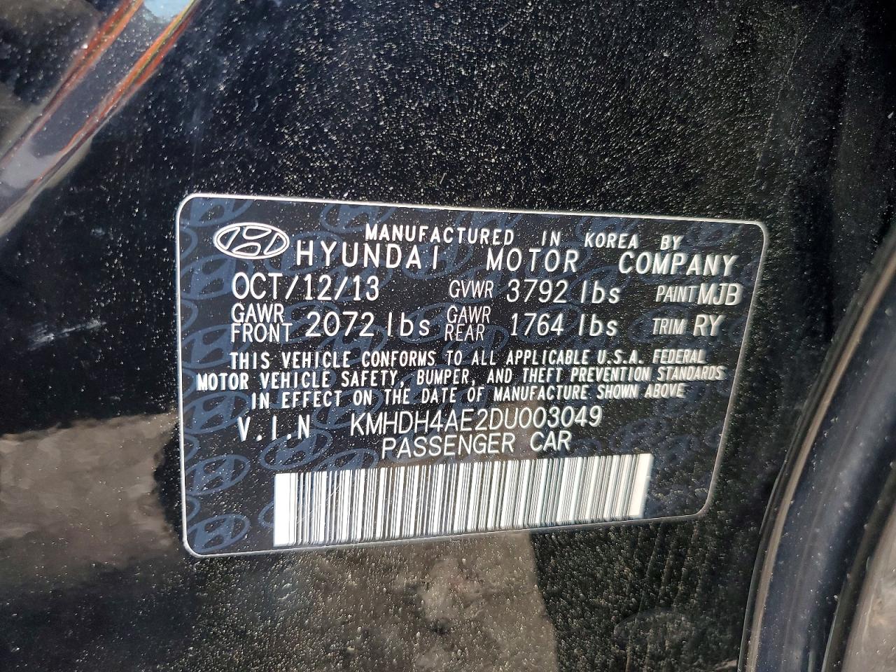 2013 Hyundai Elantra Black vin: KMHDH4AE2DU003049