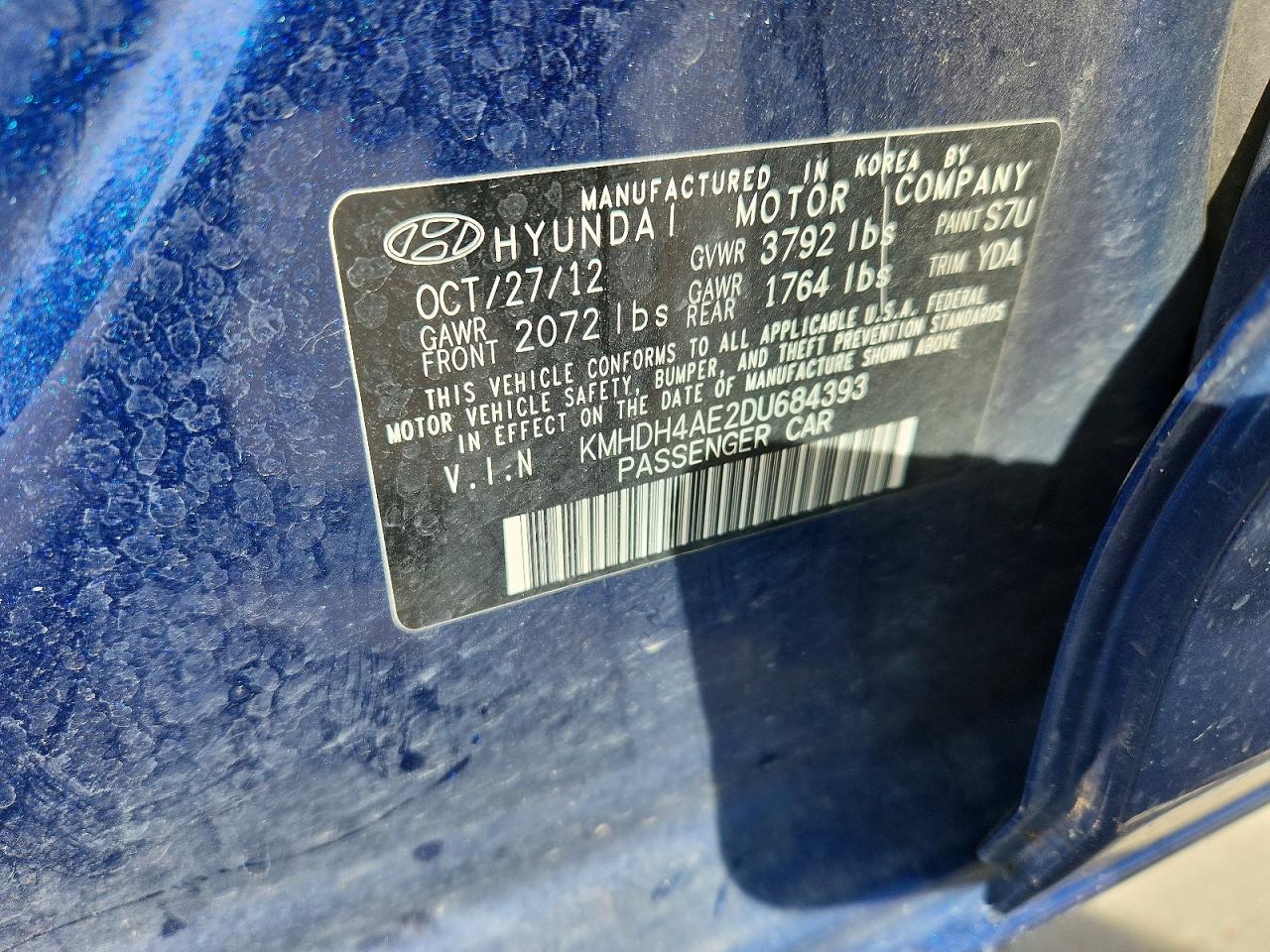 2013 Hyundai Elantra Gls Blue vin: KMHDH4AE2DU684393