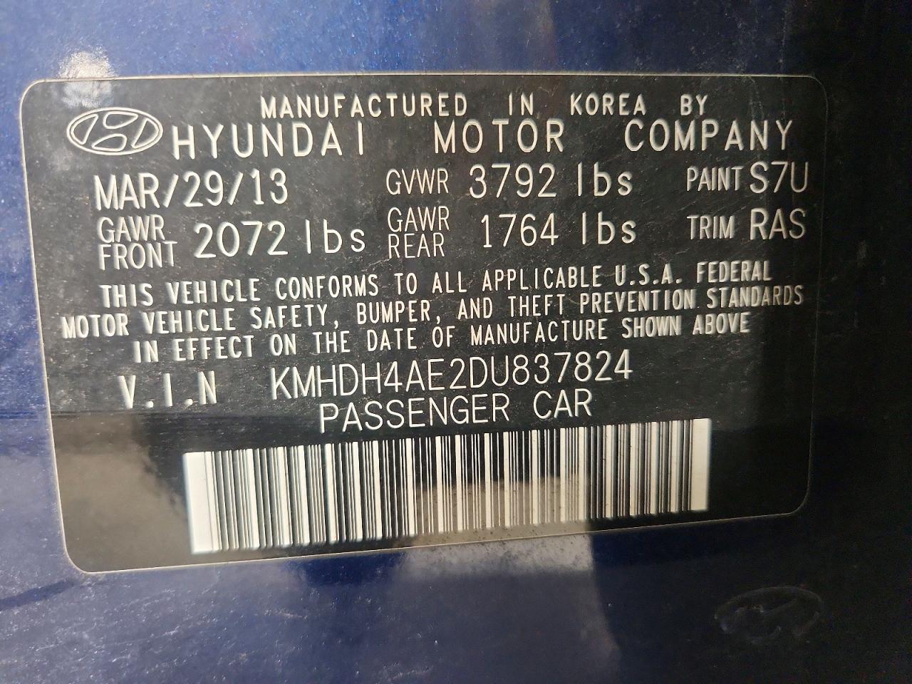 2013 Hyundai Elantra Gls Blue vin: KMHDH4AE2DU837824