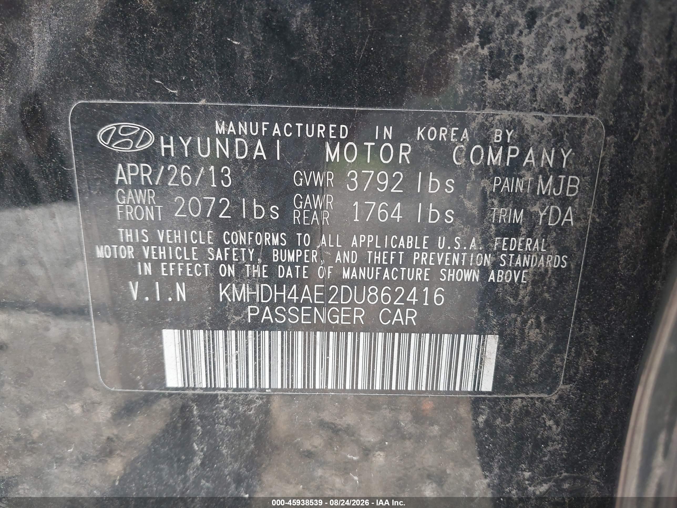 2013 Hyundai Elantra Gls Black vin: KMHDH4AE2DU862416