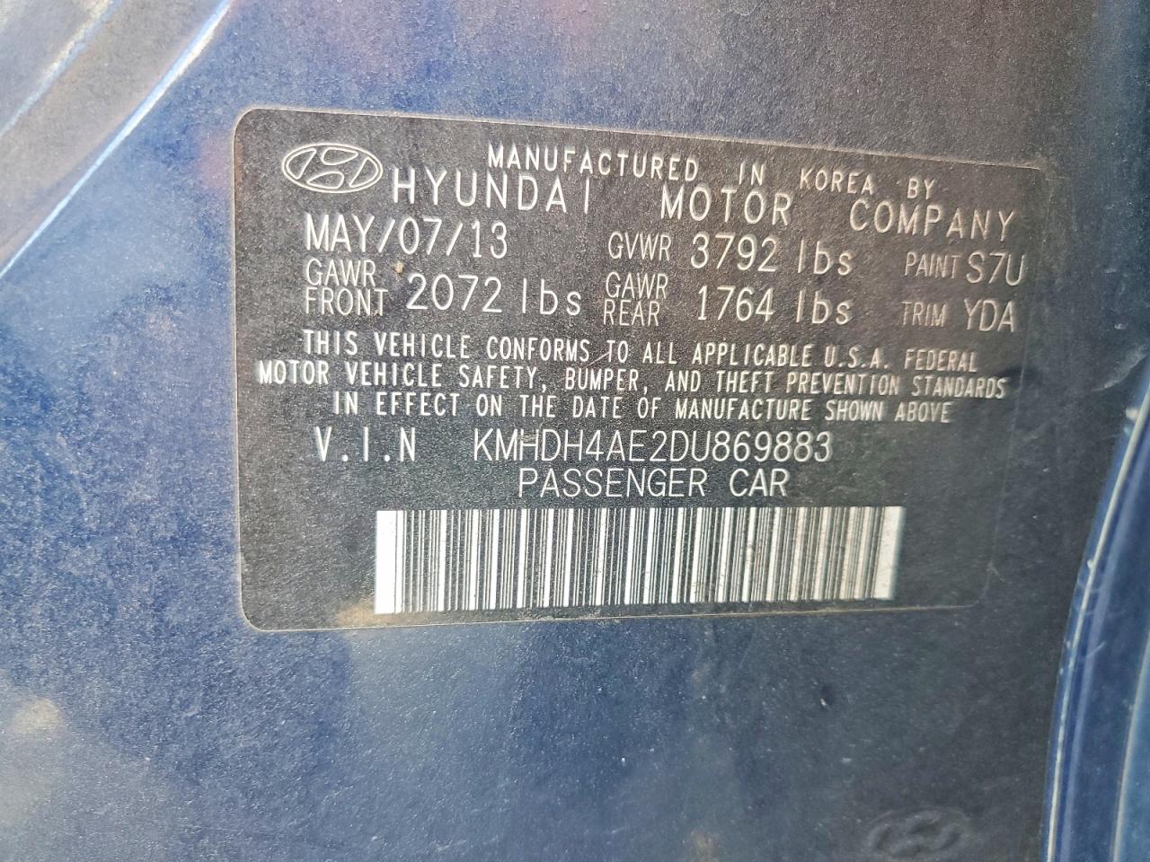 2013 Hyundai Elantra Limited Blue vin: KMHDH4AE2DU869883
