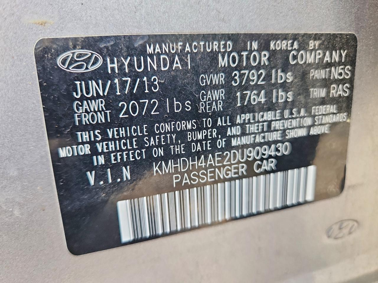 2013 Hyundai Elantra Серый vin: KMHDH4AE2DU909430