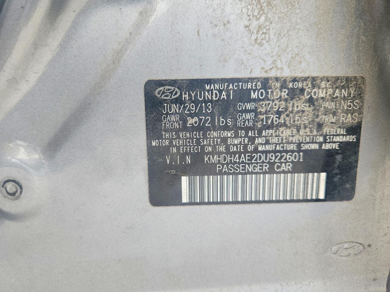 2013 Hyundai Elantra Limited Gray vin: KMHDH4AE2DU922601