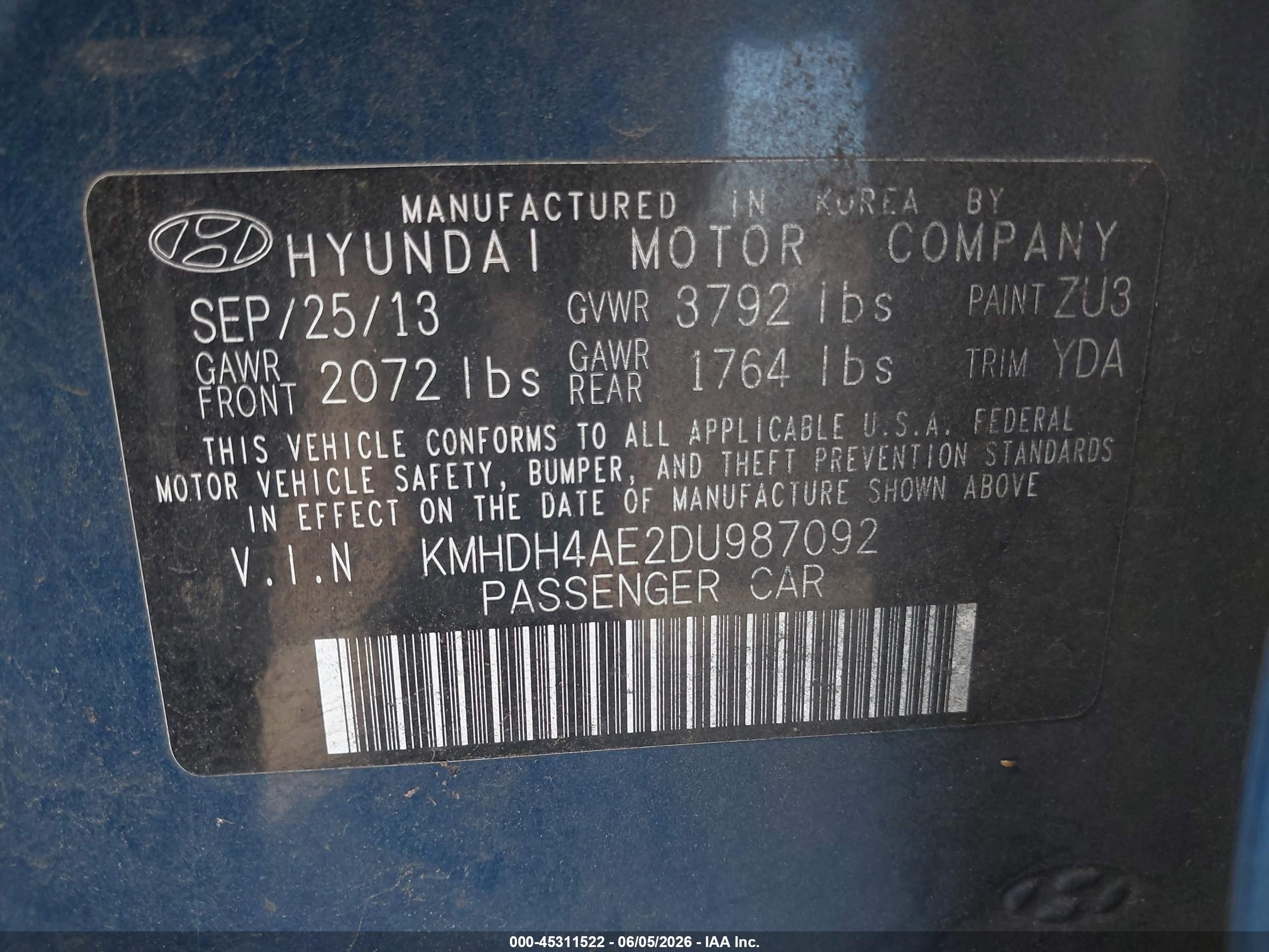 2013 Hyundai Elantra Gls Blue vin: KMHDH4AE2DU987092
