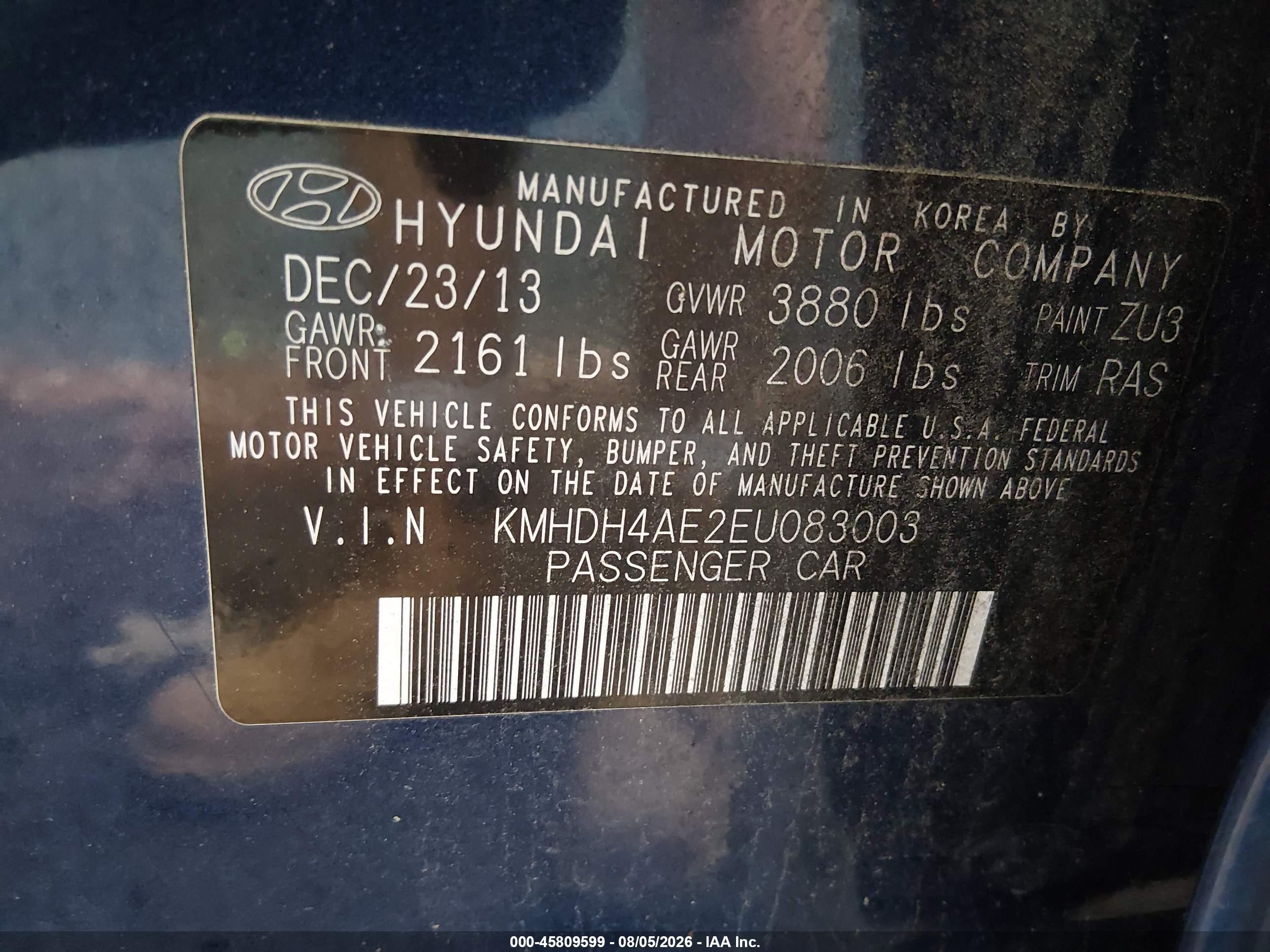 2014 Hyundai Elantra Se Blue vin: KMHDH4AE2EU083003
