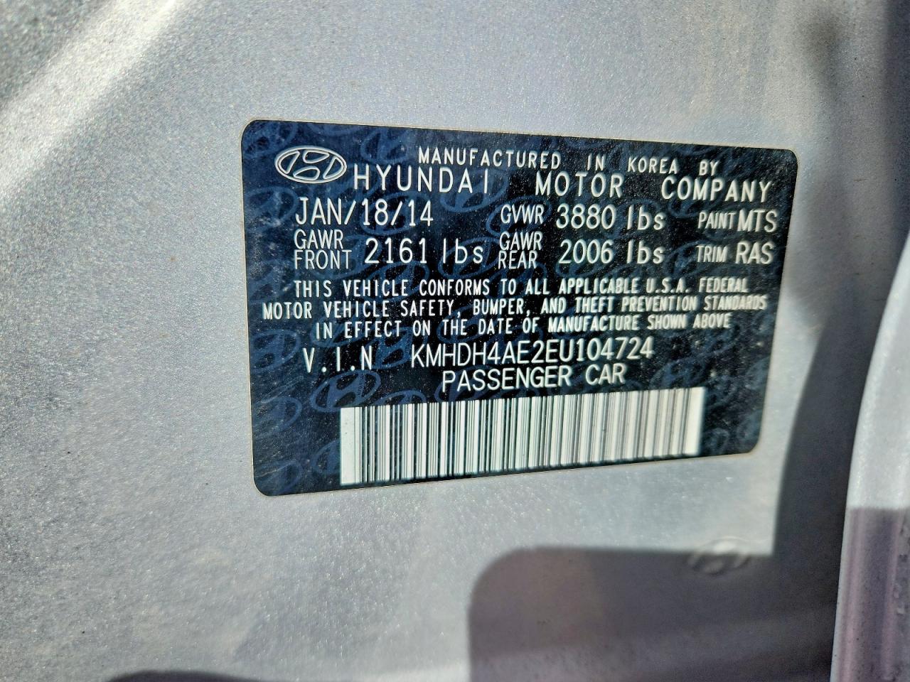 2014 Hyundai Elantra Se Silver vin: KMHDH4AE2EU104724