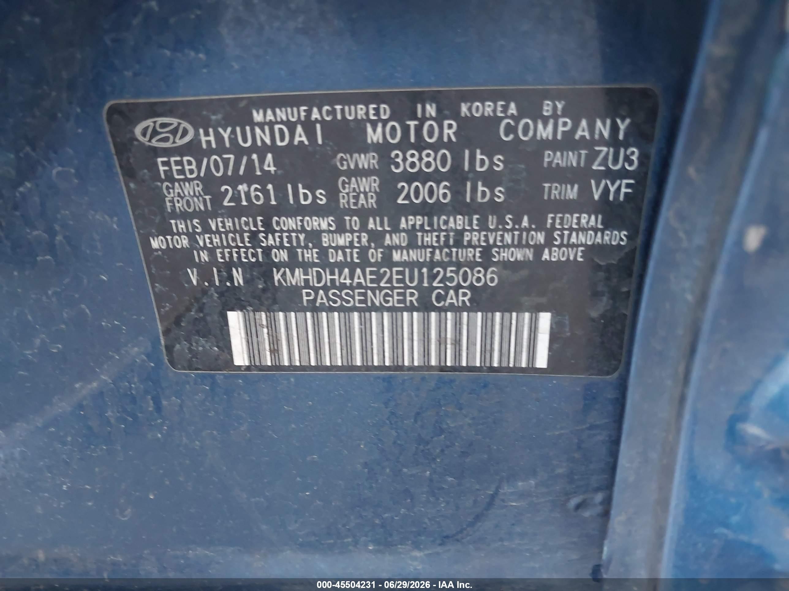 2014 Hyundai Elantra Limited Blue vin: KMHDH4AE2EU125086