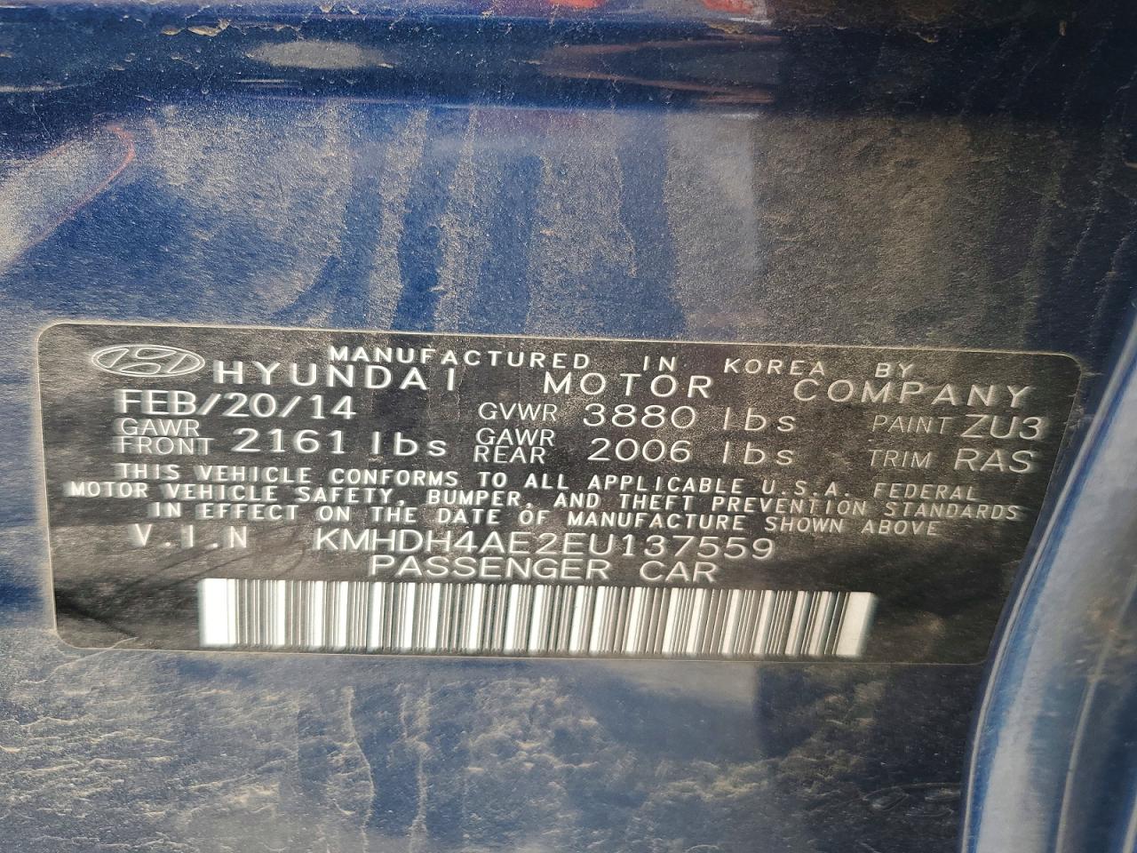 2014 Hyundai Elantra Se Blue vin: KMHDH4AE2EU137559
