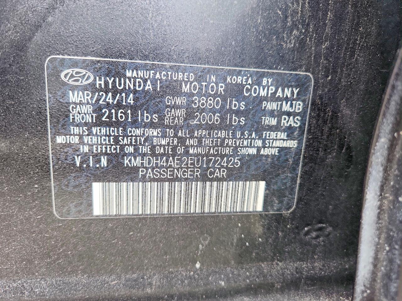 2014 Hyundai Elantra Se Black vin: KMHDH4AE2EU172425