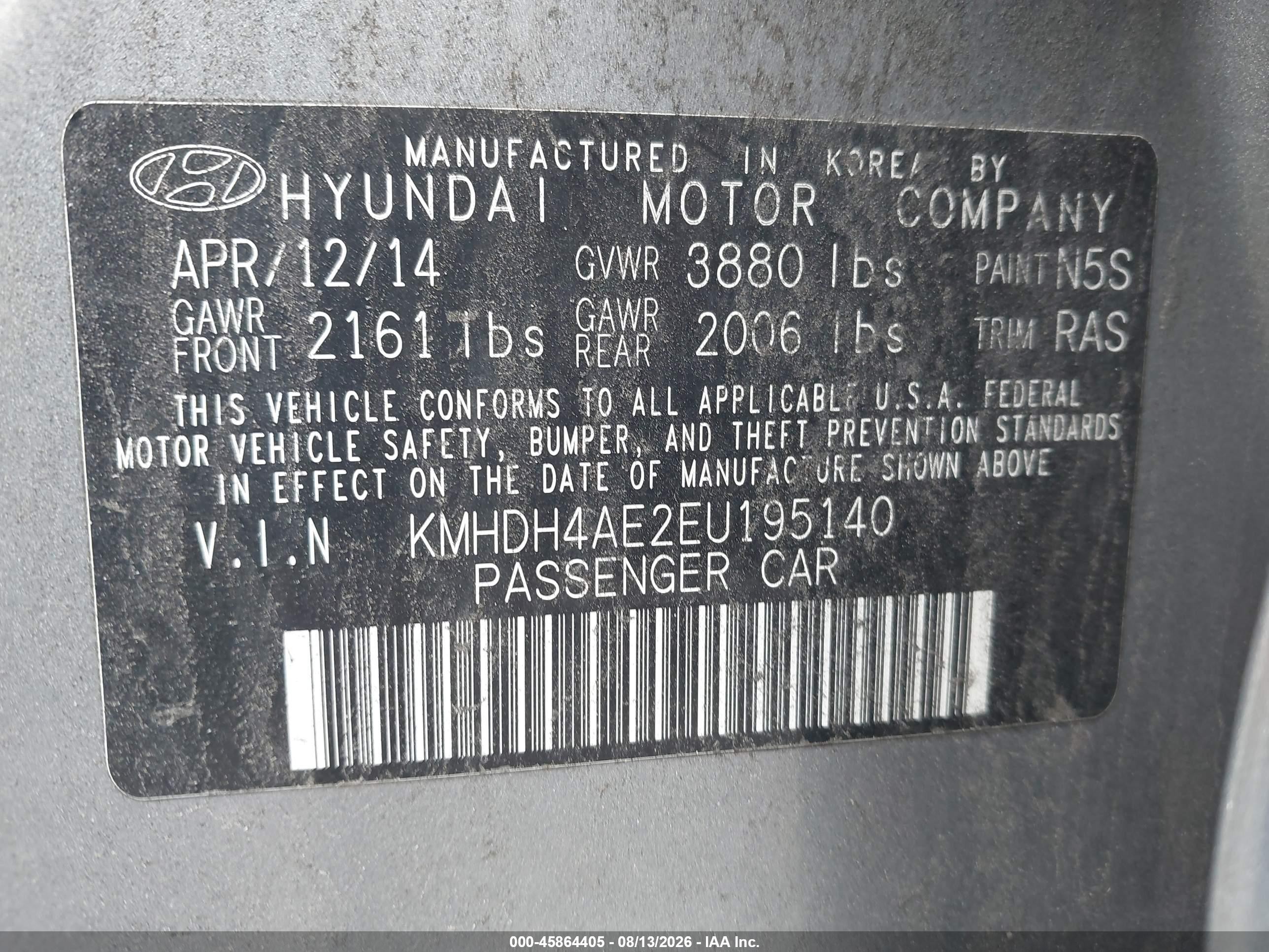 2014 Hyundai Elantra Se Pewter vin: KMHDH4AE2EU195140