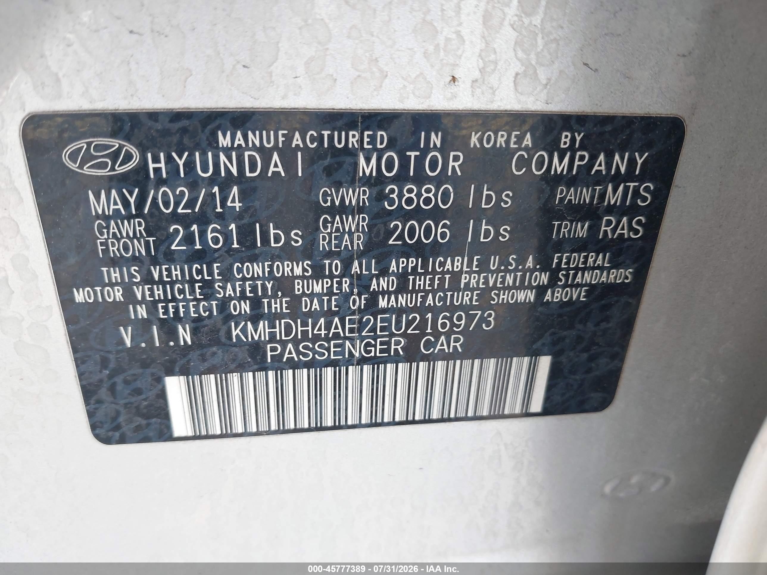 2014 Hyundai Elantra Se Silver vin: KMHDH4AE2EU216973