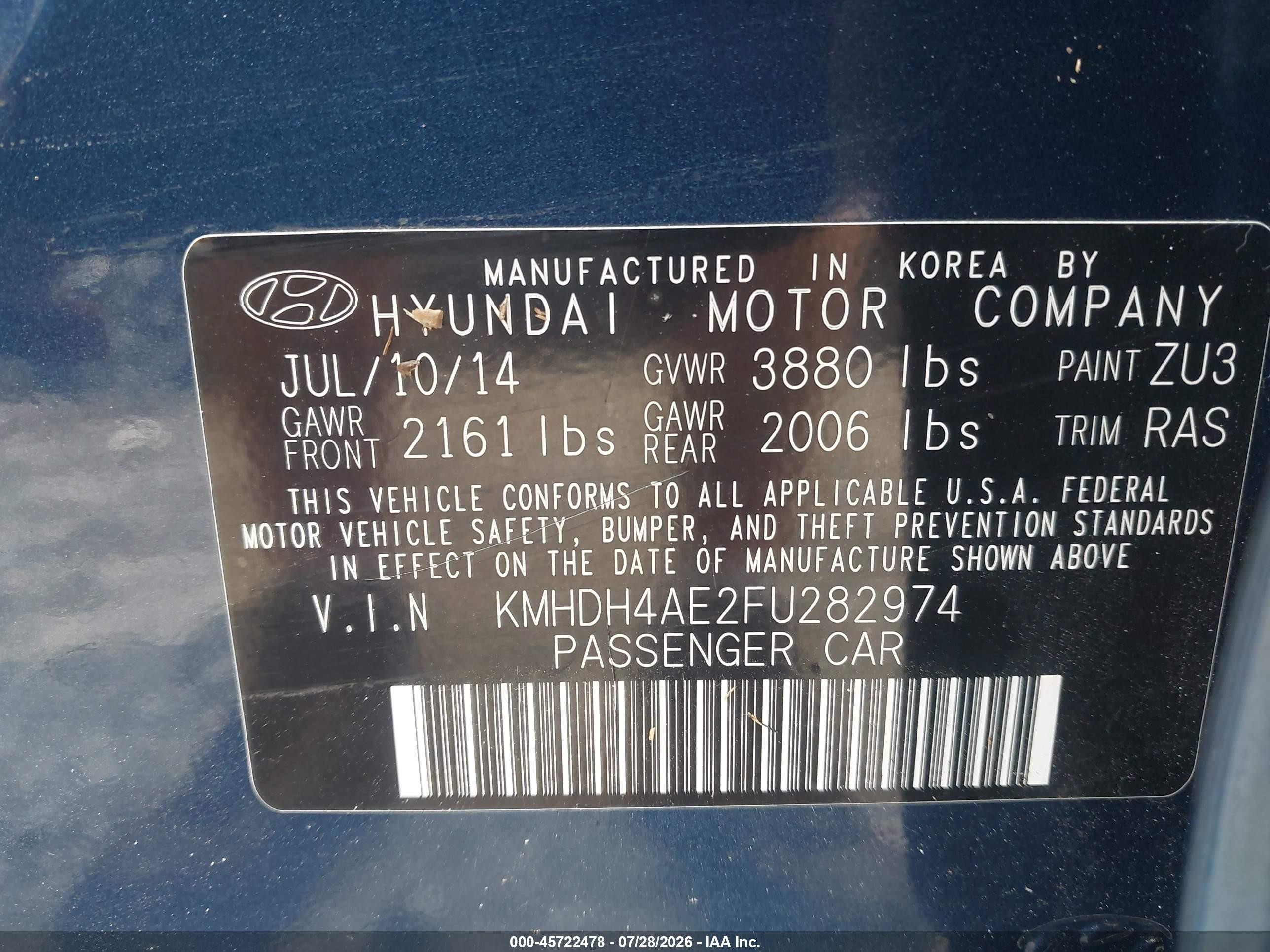 2015 Hyundai Elantra Limited Blue vin: KMHDH4AE2FU282974