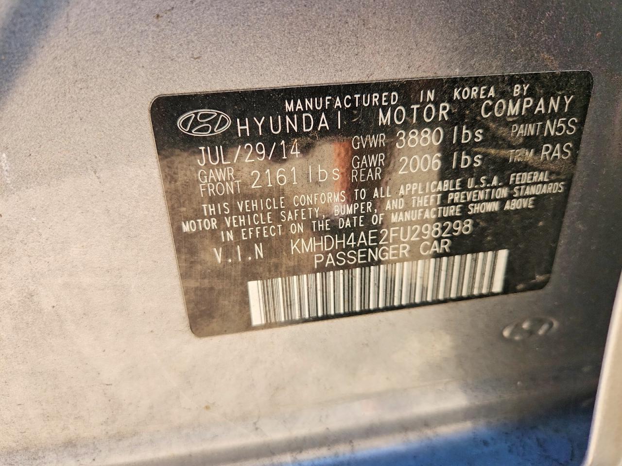 2015 Hyundai Elantra Se Gray vin: KMHDH4AE2FU298298