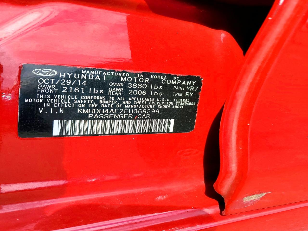 2015 Hyundai Elantra Se Red vin: KMHDH4AE2FU369399