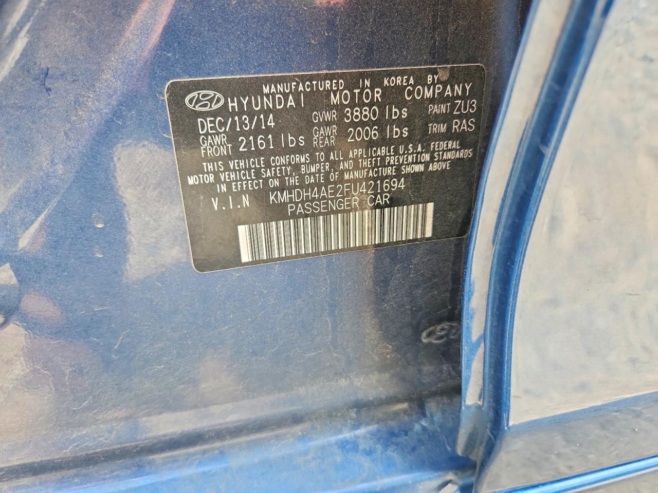 2015 Hyundai Elantra Se Blue vin: KMHDH4AE2FU421694