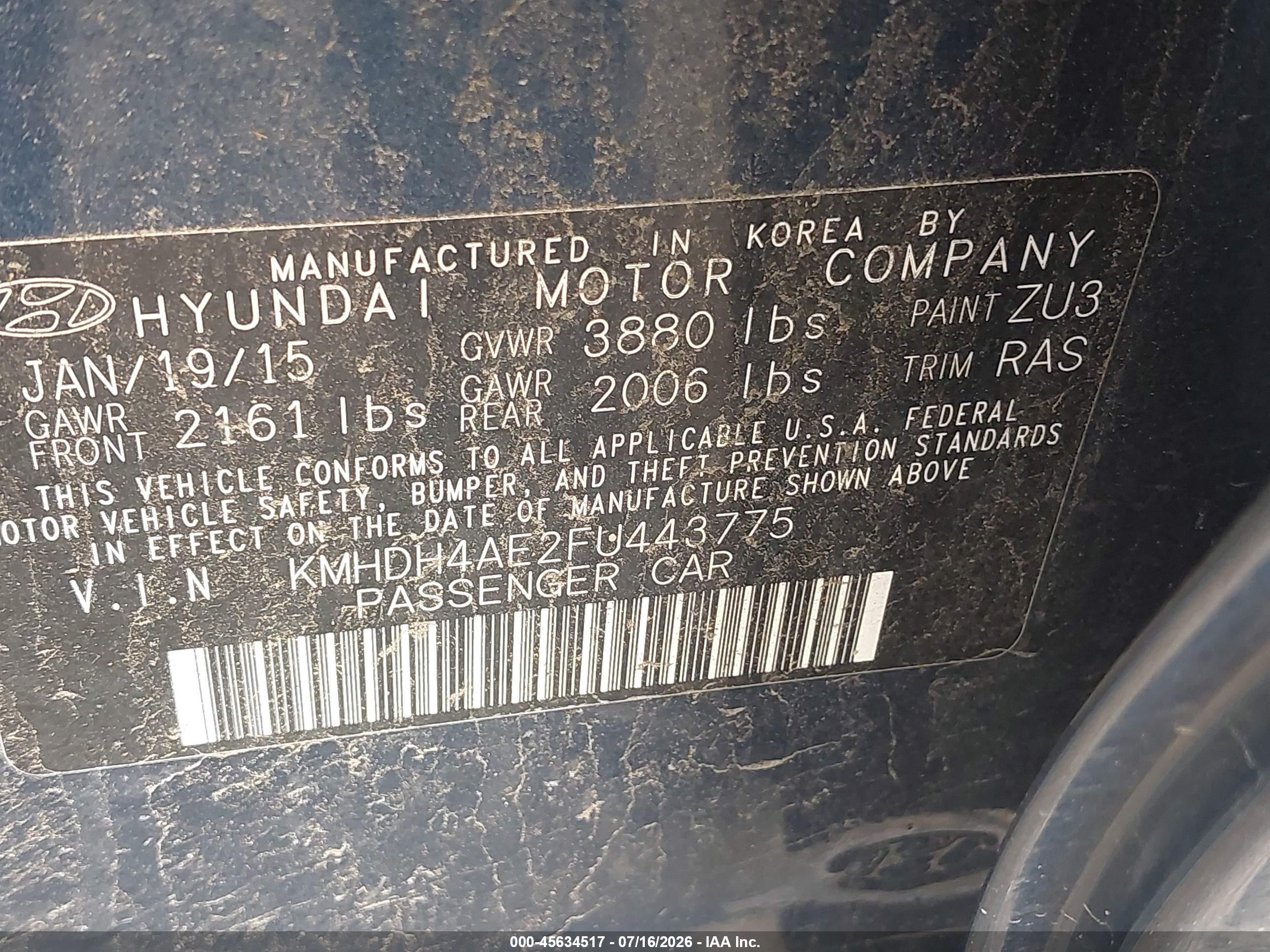 2015 Hyundai Elantra Se Blue vin: KMHDH4AE2FU443775