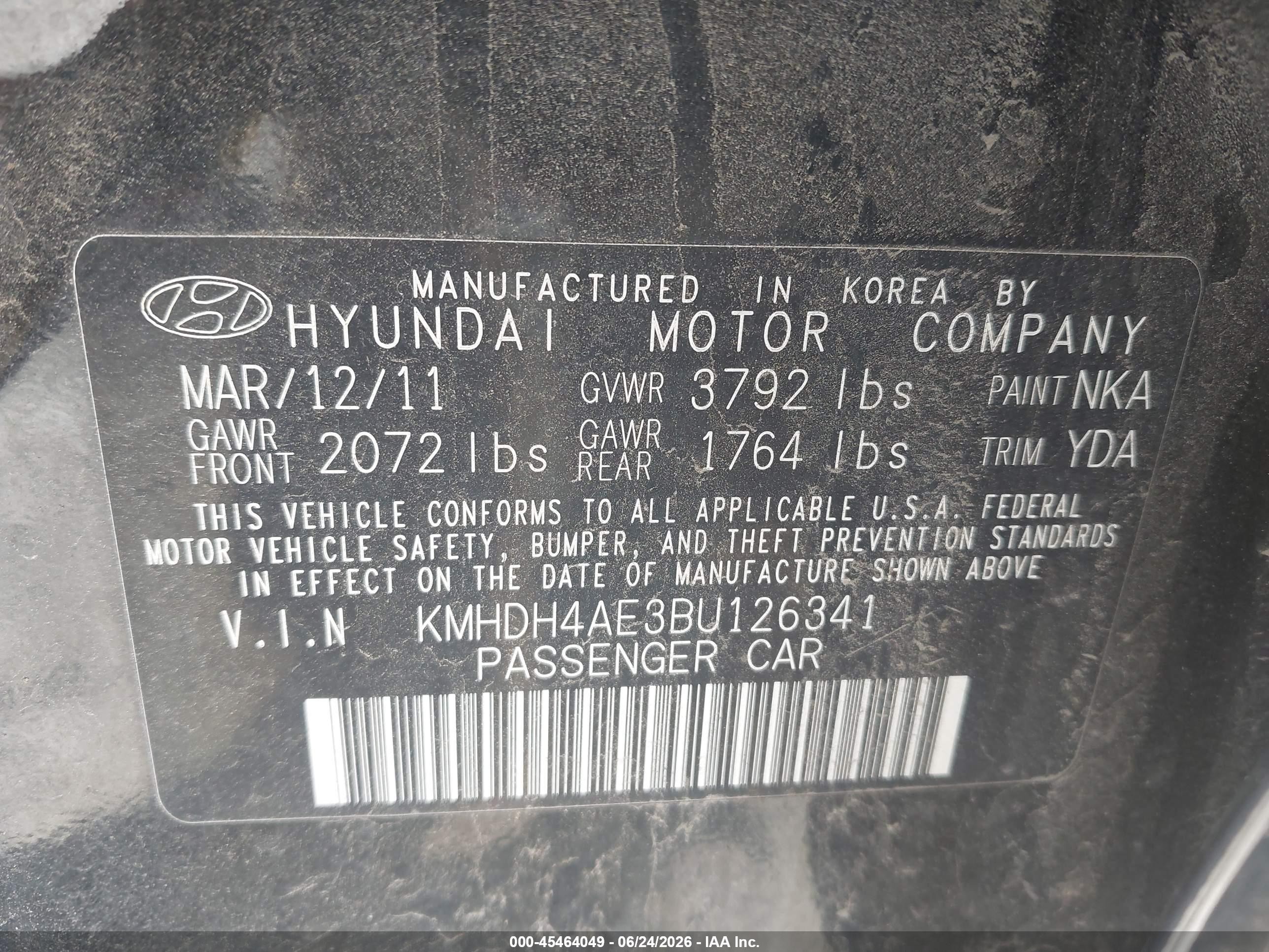 2011 Hyundai Elantra Gls (ulsan Plant) Black vin: KMHDH4AE3BU126341