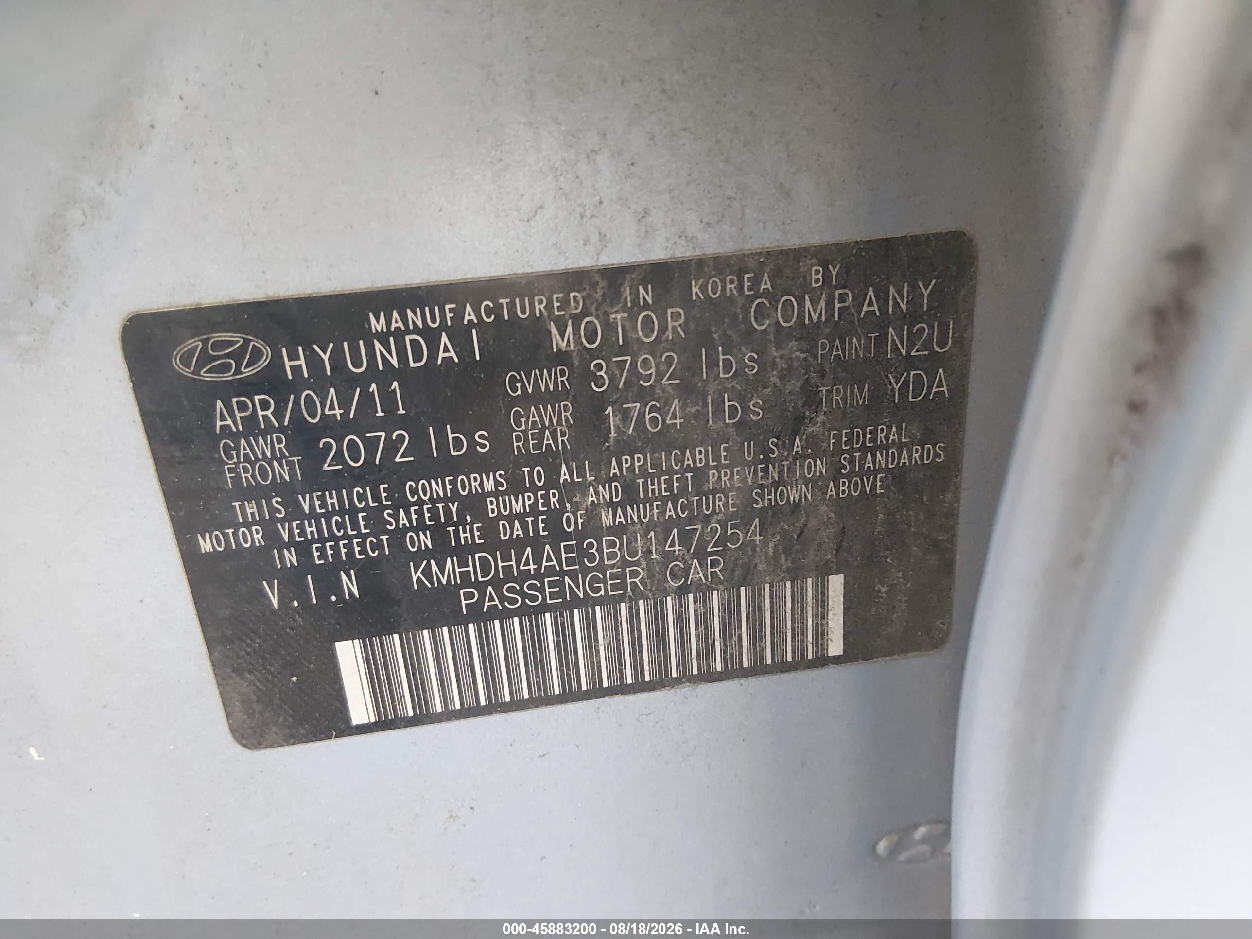 2011 Hyundai Elantra Gls (ulsan Plant) Light Blue vin: KMHDH4AE3BU147254