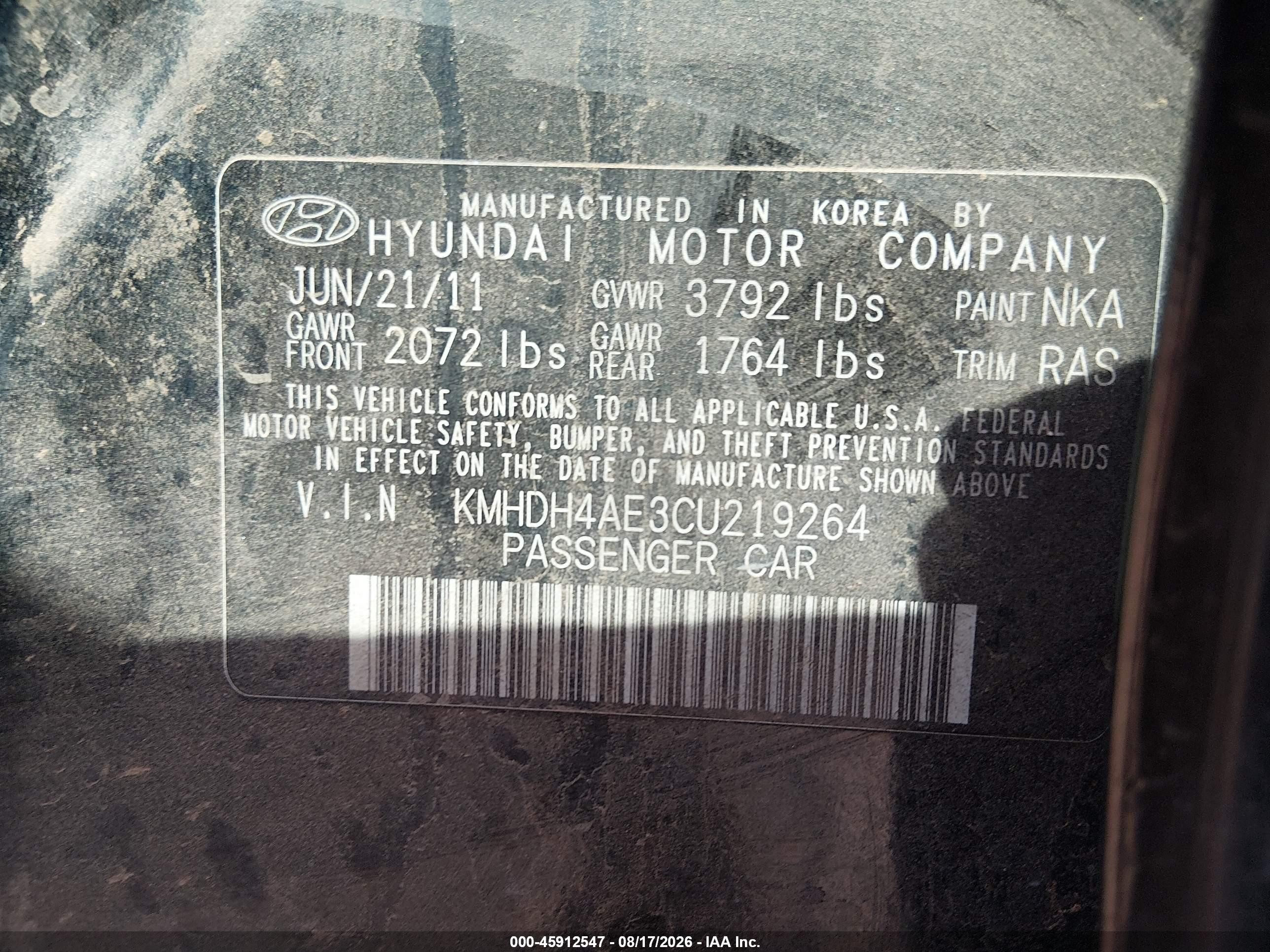 2012 Hyundai Elantra Gls (ulsan Plant) Black vin: KMHDH4AE3CU219264