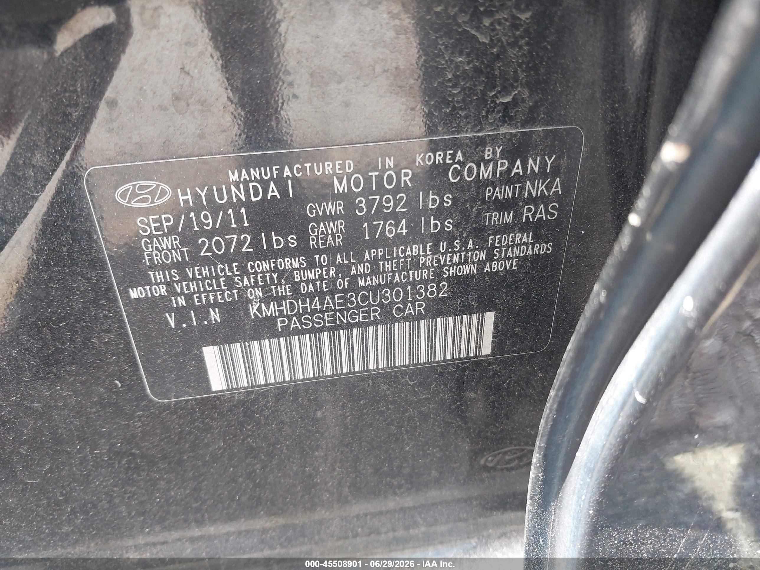 2012 Hyundai Elantra Gls (ulsan Plant) Black vin: KMHDH4AE3CU301382