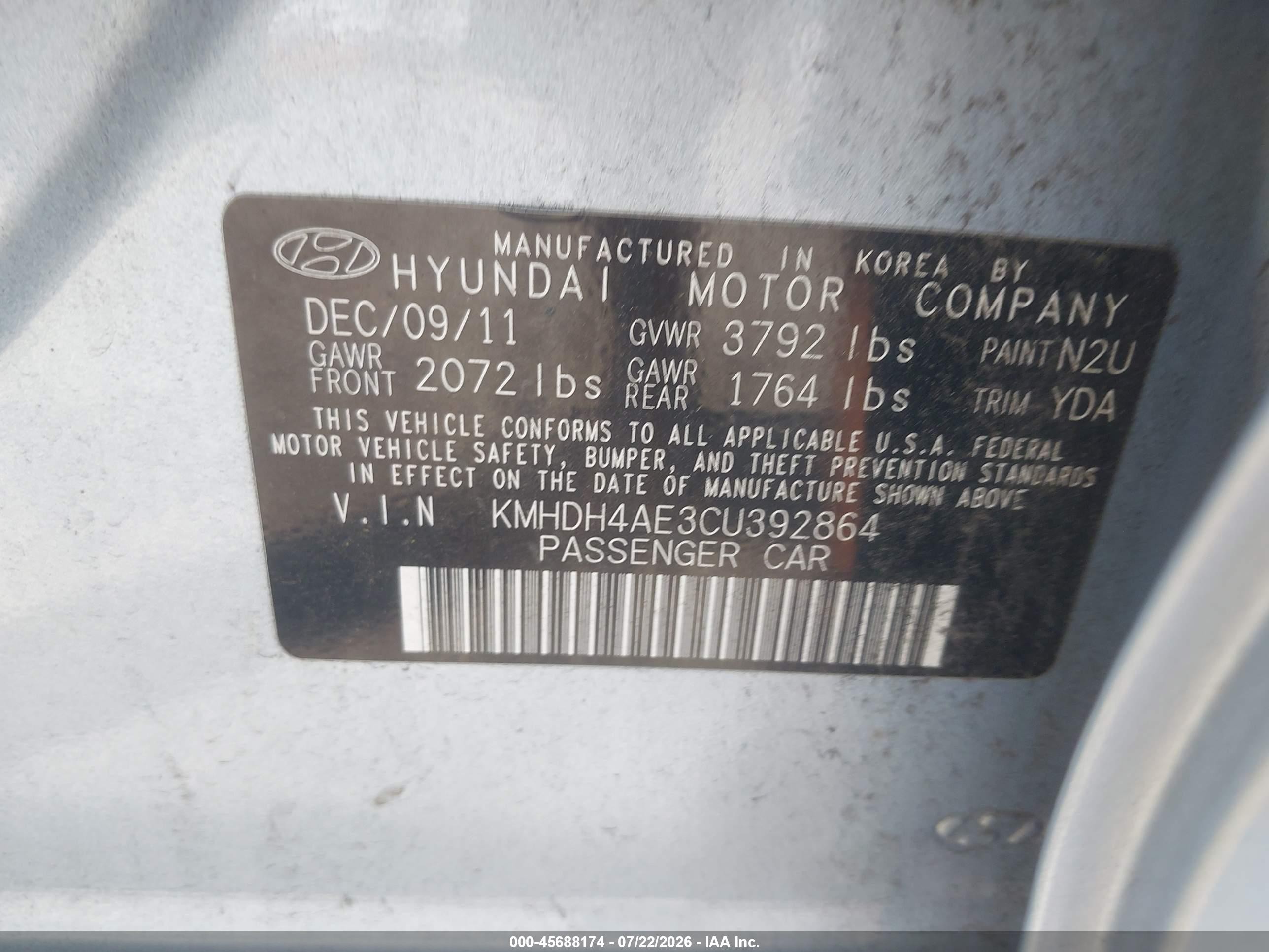 2012 Hyundai Elantra Gls (ulsan Plant) Light Blue vin: KMHDH4AE3CU392864