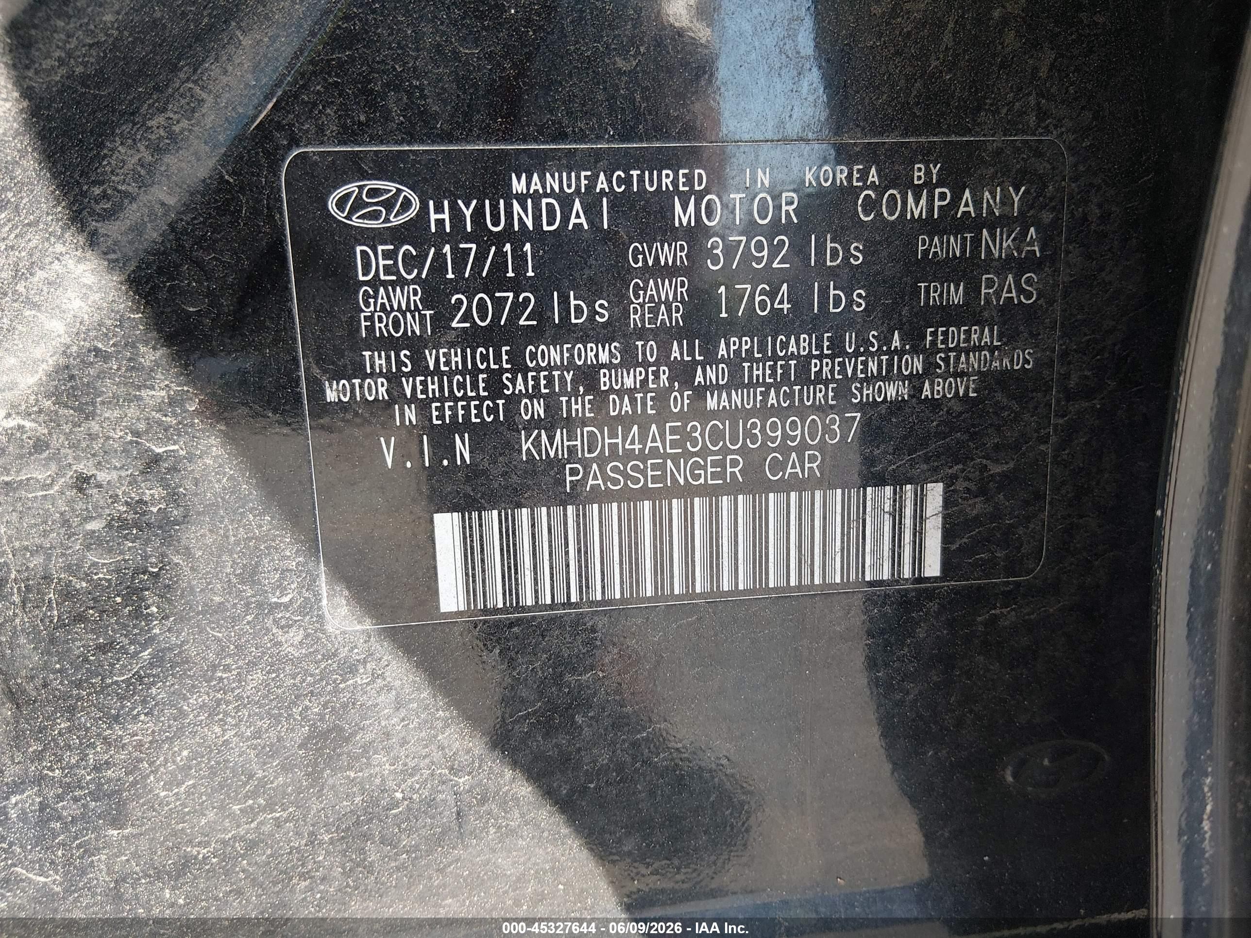 2012 Hyundai Elantra Gls (ulsan Plant) Black vin: KMHDH4AE3CU399037