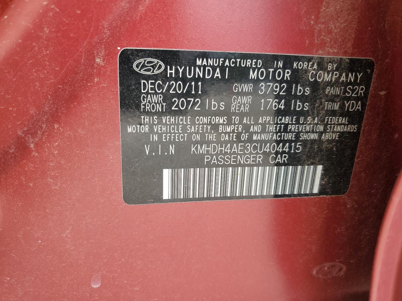 2012 Hyundai Elantra Gls Red vin: KMHDH4AE3CU404415