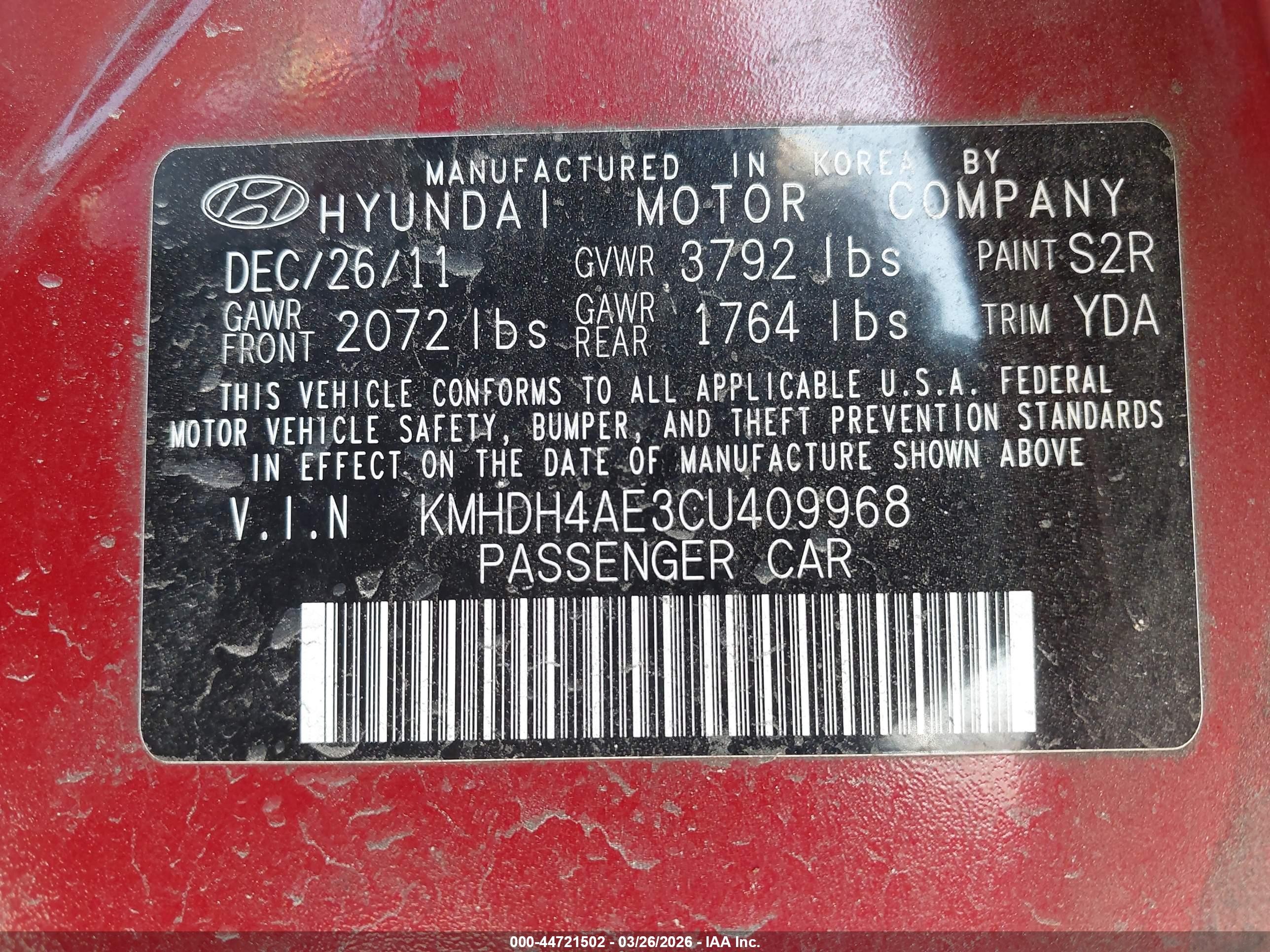 2012 Hyundai Elantra Gls (ulsan Plant) Red vin: KMHDH4AE3CU409968
