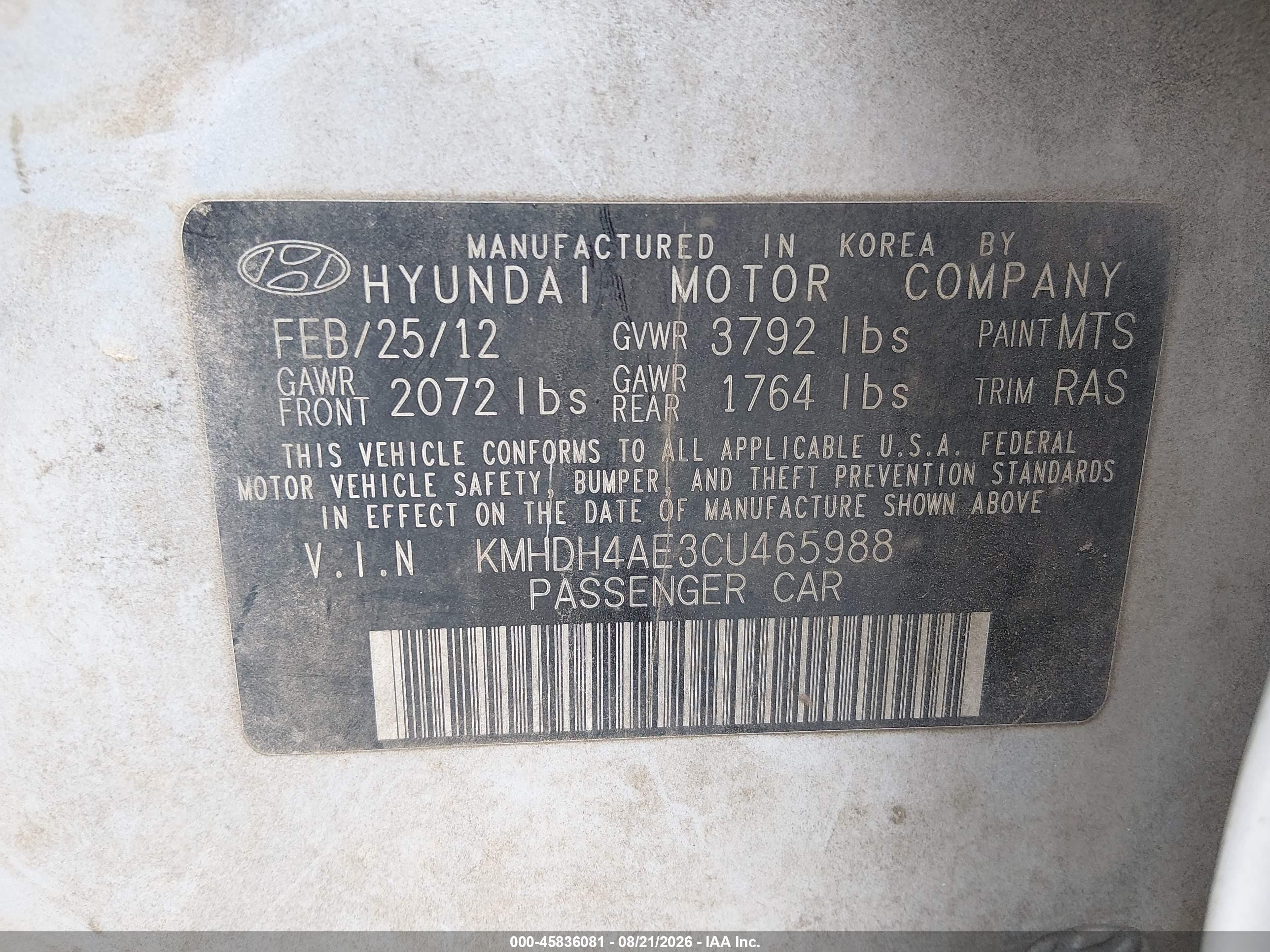 2012 Hyundai Elantra Gls (ulsan Plant) Silver vin: KMHDH4AE3CU465988