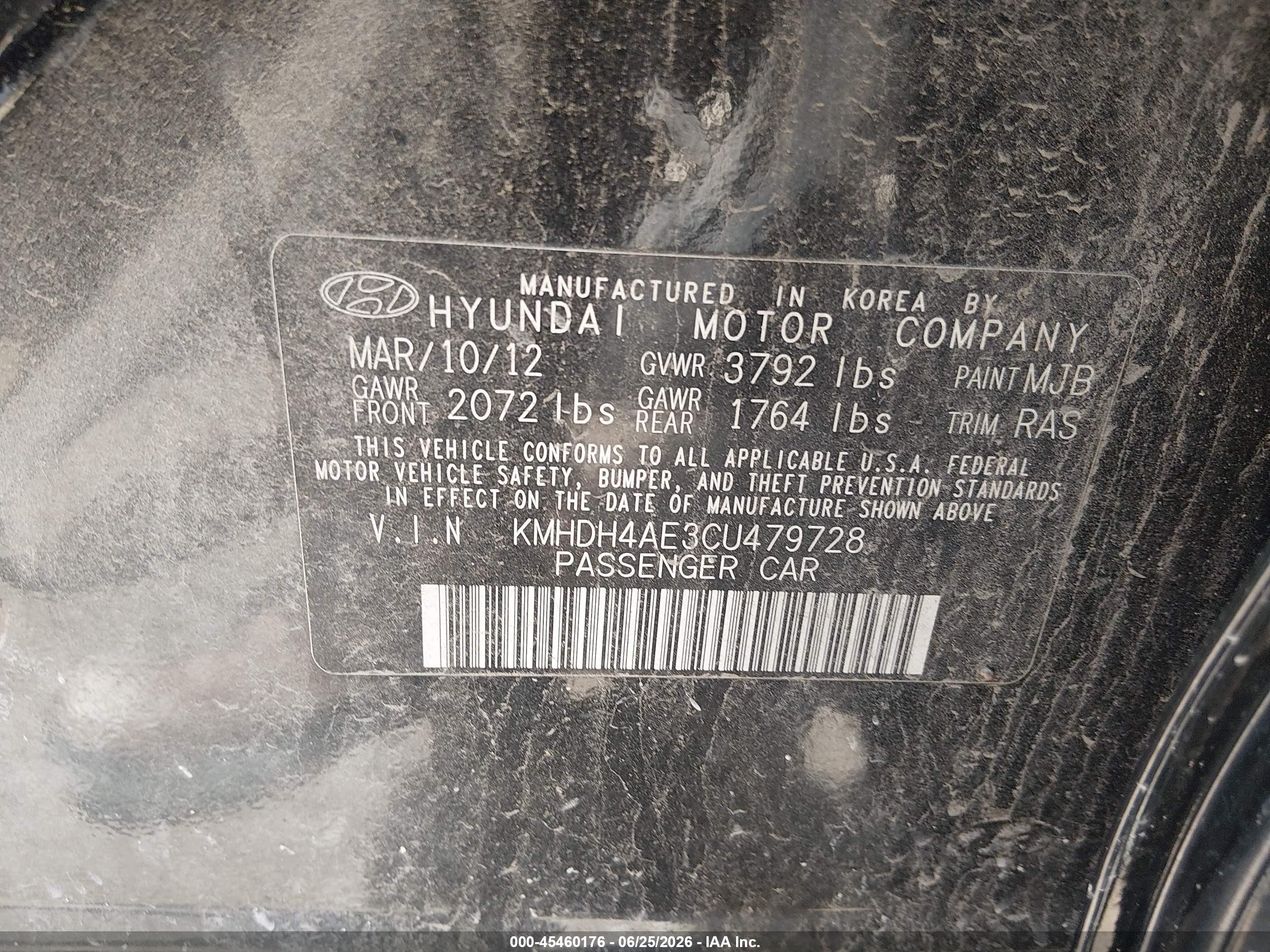 2012 Hyundai Elantra Limited (ulsan Plant) Black vin: KMHDH4AE3CU479728