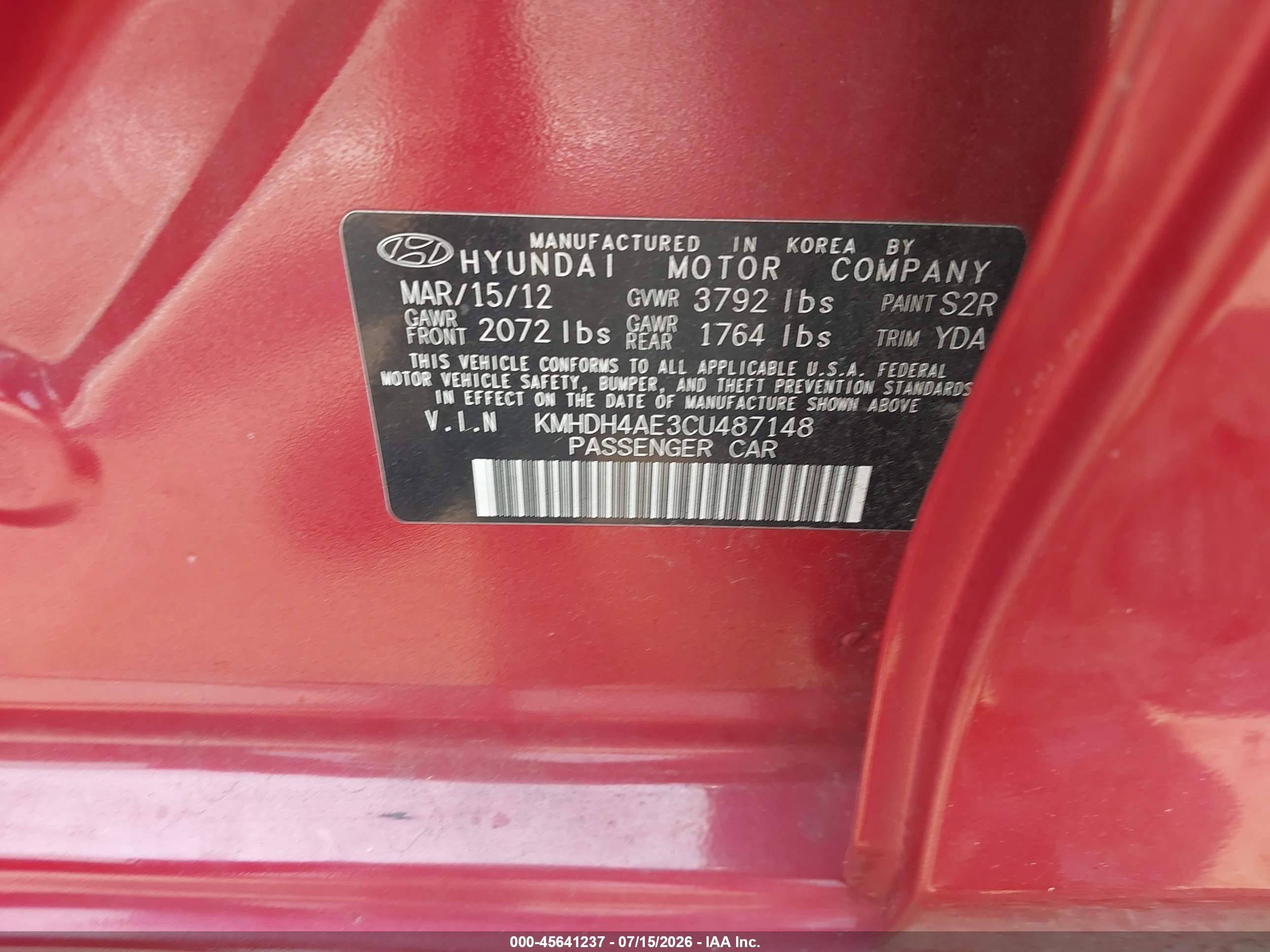 2012 Hyundai Elantra Limited (ulsan Plant) Red vin: KMHDH4AE3CU487148