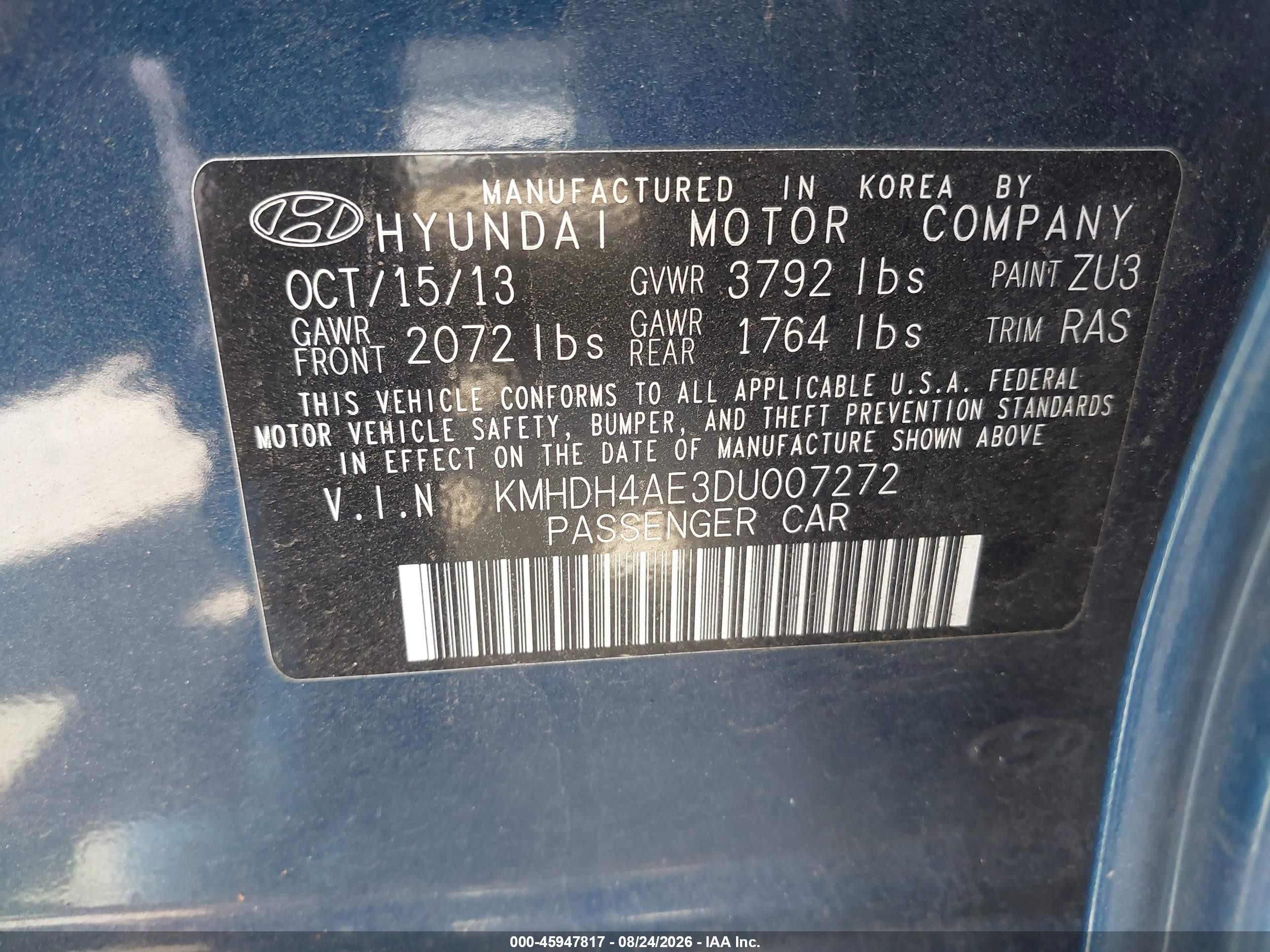 2013 Hyundai Elantra Gls Blue vin: KMHDH4AE3DU007272