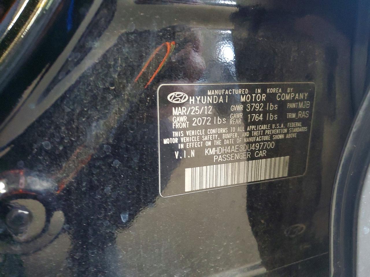 2013 Hyundai Elantra Black vin: KMHDH4AE3DU497700